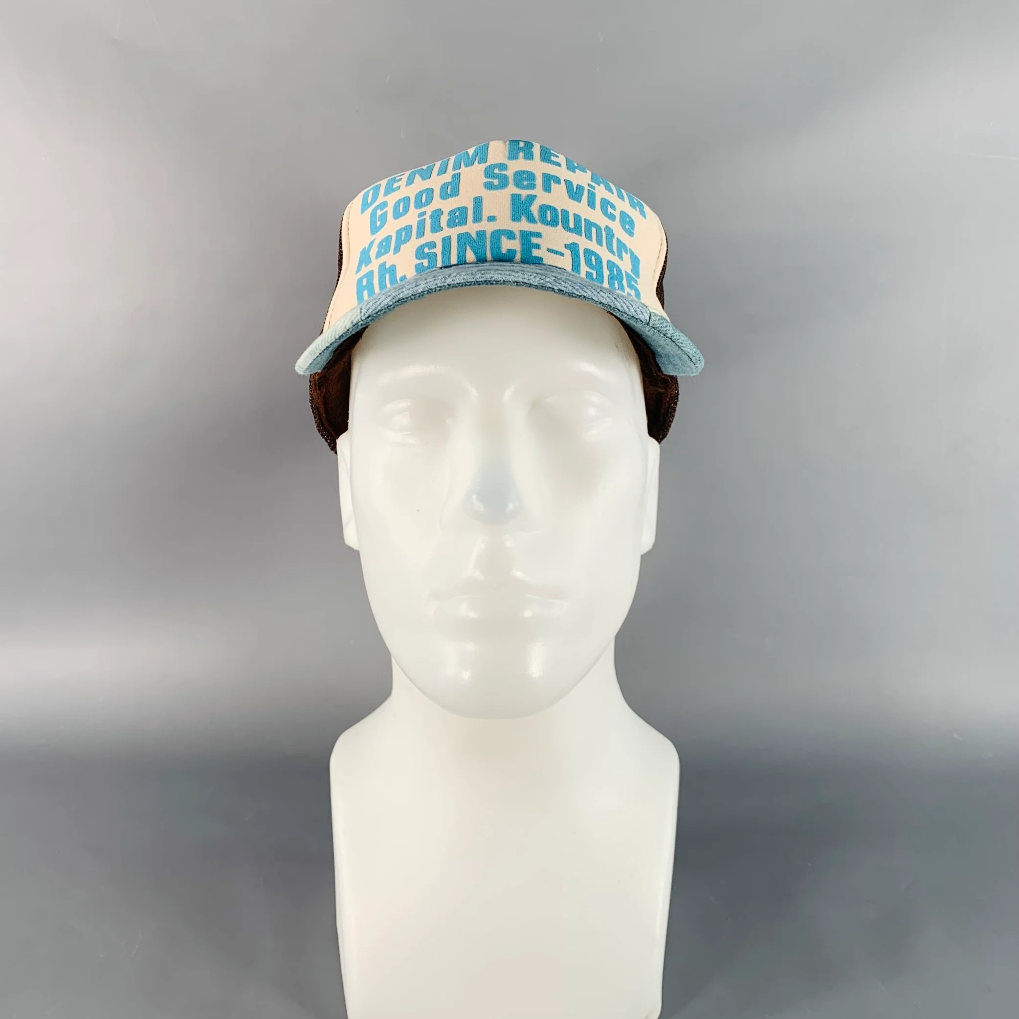 KAPITAL KOUNTRY Denim Repair Blue Beige Patchwork Denim Mesh Trucker Hat - Image 3