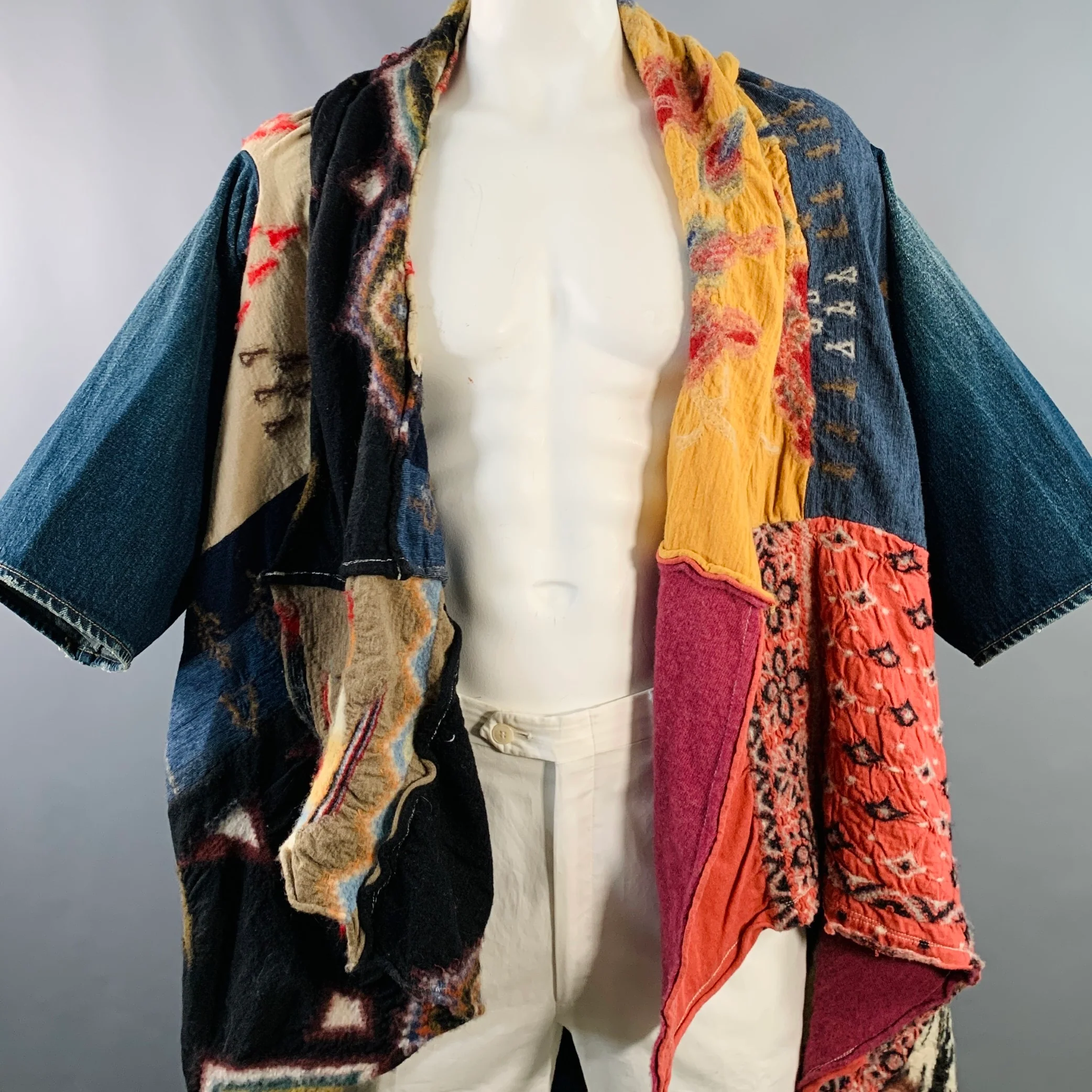KAPITAL One Size Blue Multi Color Patchwork Cotton Open Front Coat - Image 2