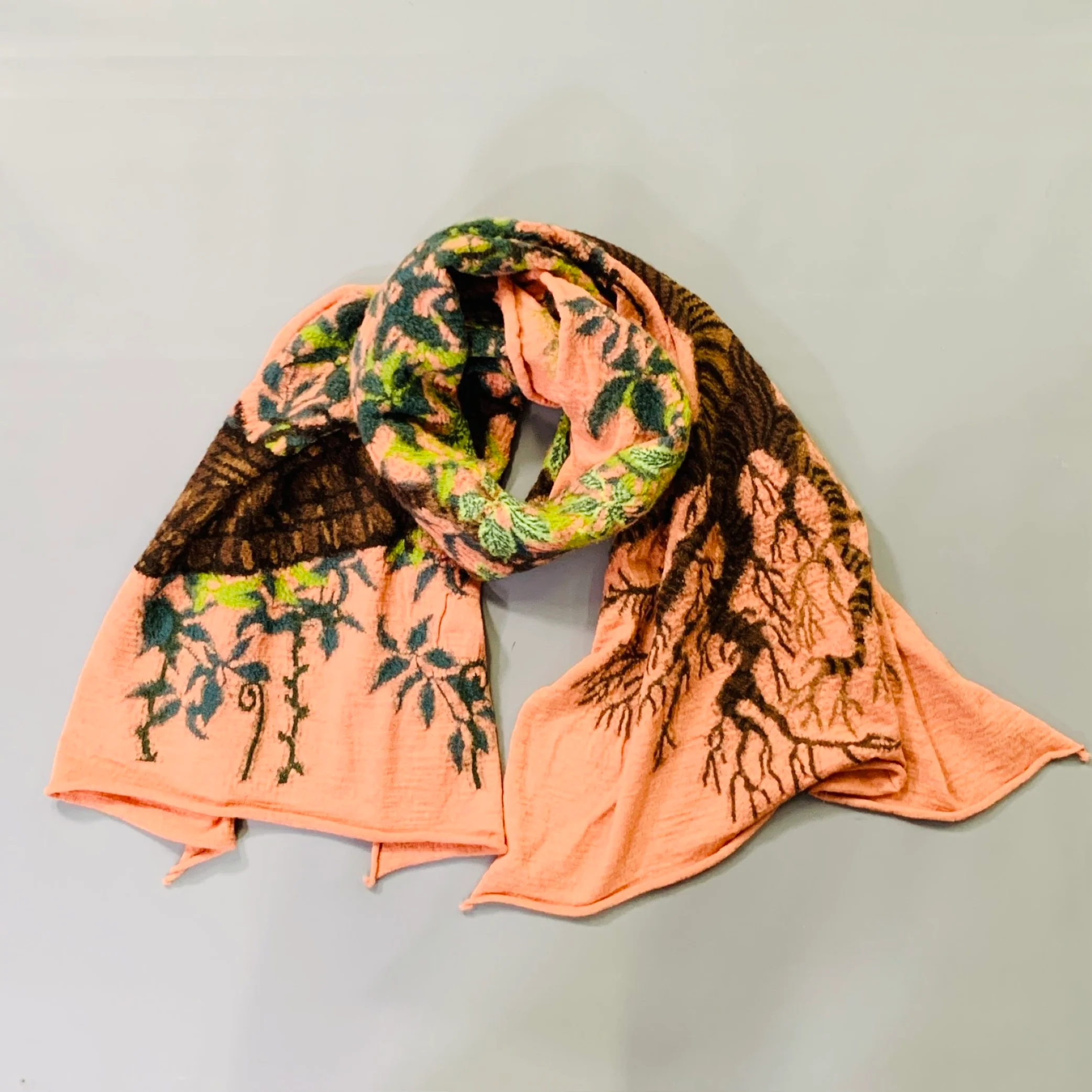 KAPITAL Orange Green Brown Leafy Tree Wool Scarf - Image 2