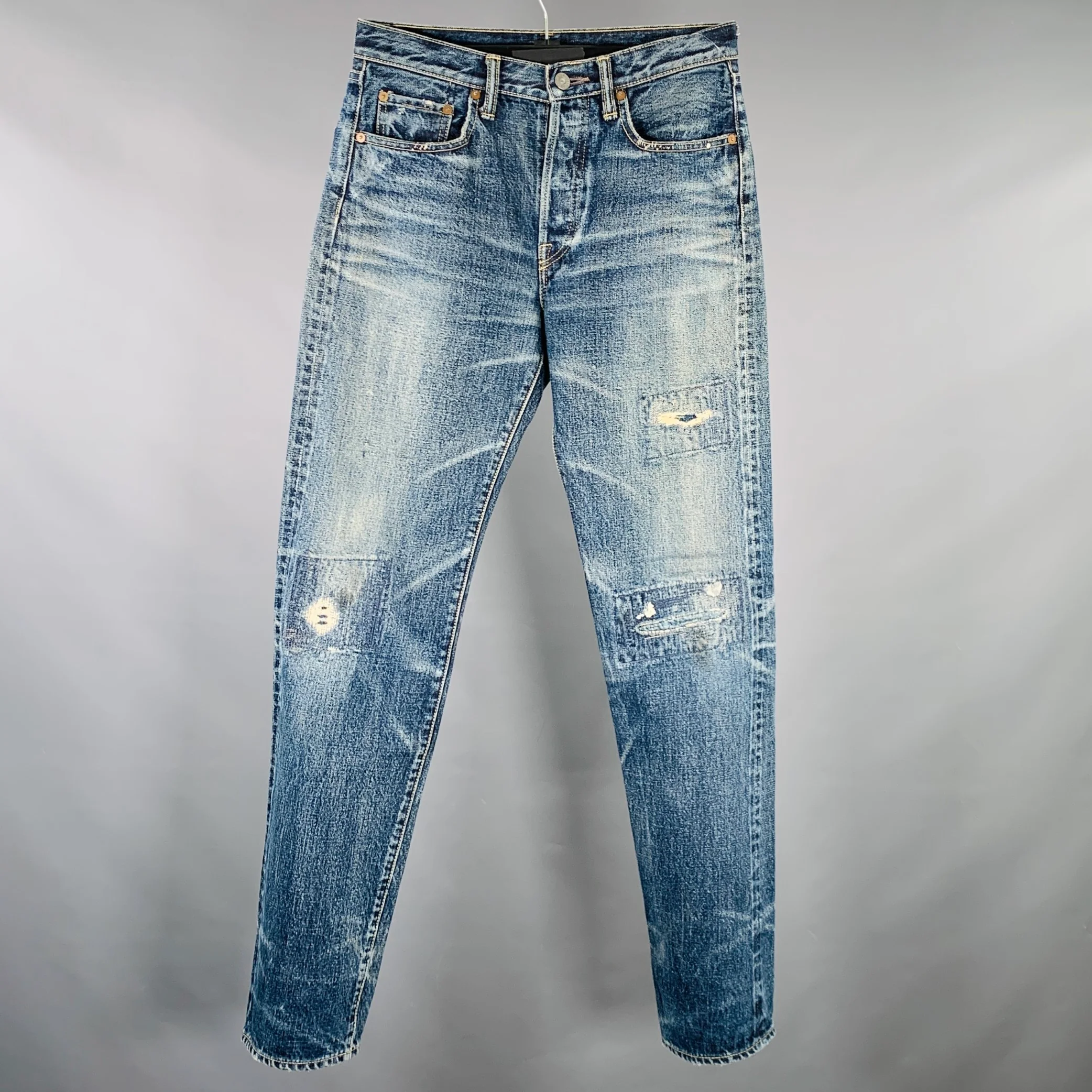 KAPITAL Size 29 Blue Distressed Cotton Straight Five Pockets Jeans