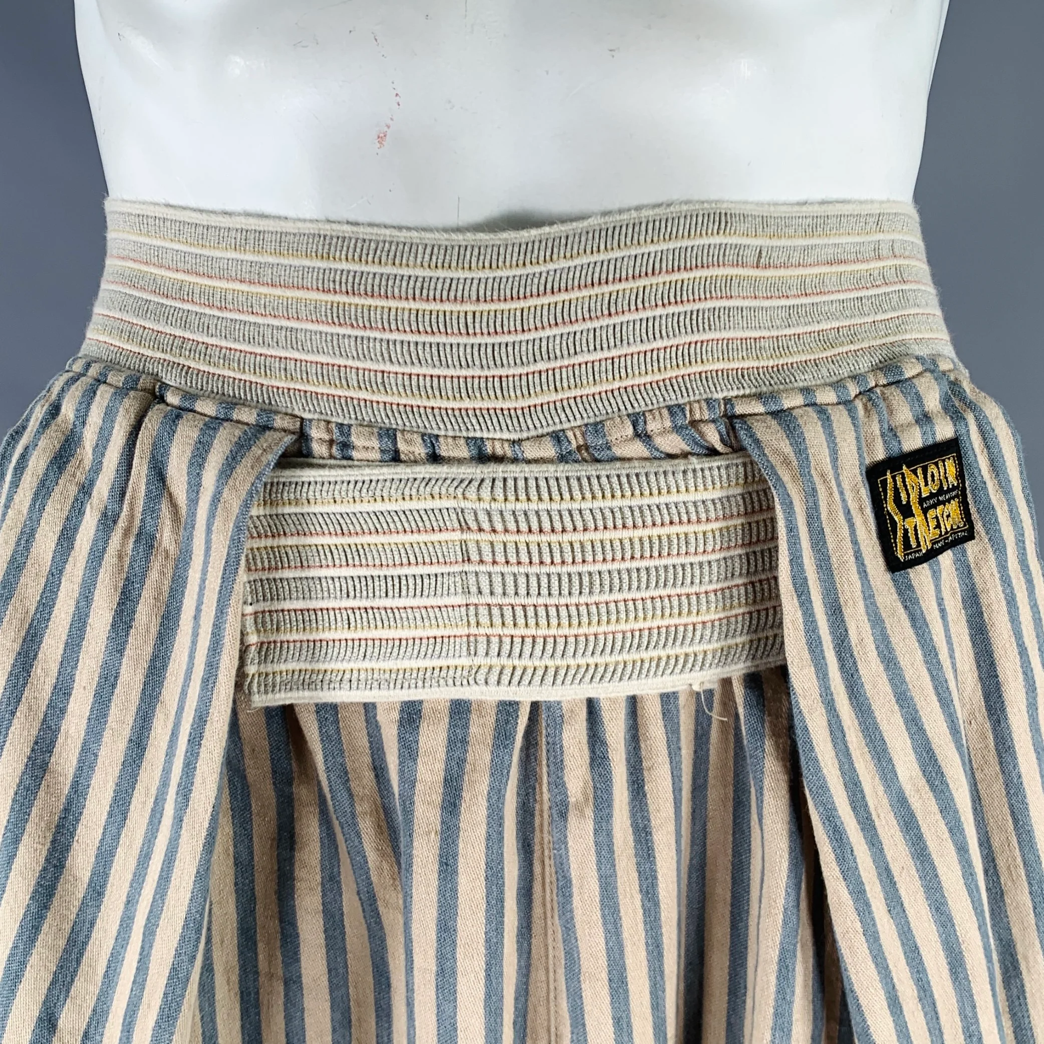 KAPITAL Size L Beige Blue Stripe Linen Cotton Drop Crotch Casual Pants - Image 3