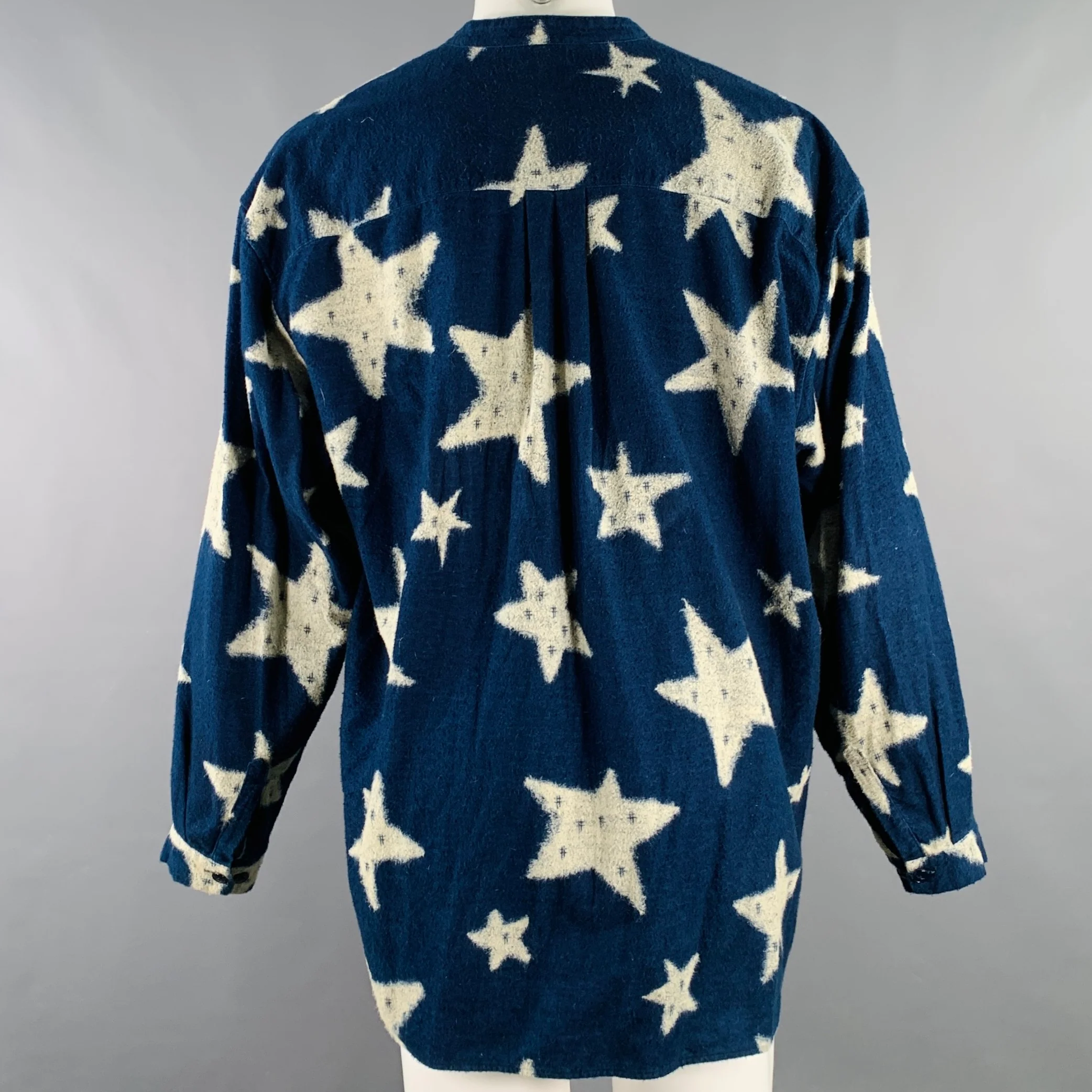 KAPITAL Size L Indigo White Stars Cotton Nehru Collar Long Sleeve Shirt - Image 3