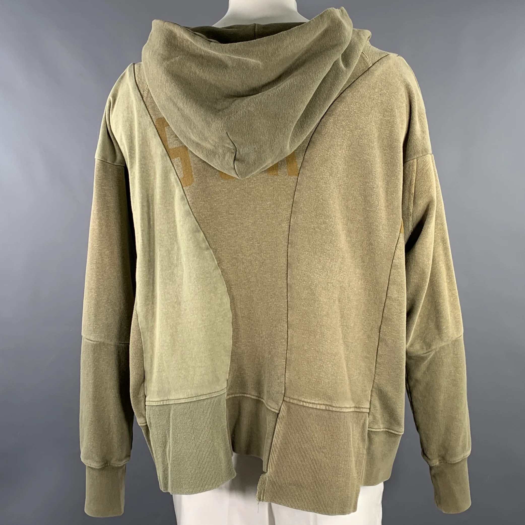 KAPITAL Size L Olive Patchwork Cotton Hooded Sweatshirt - Image 4