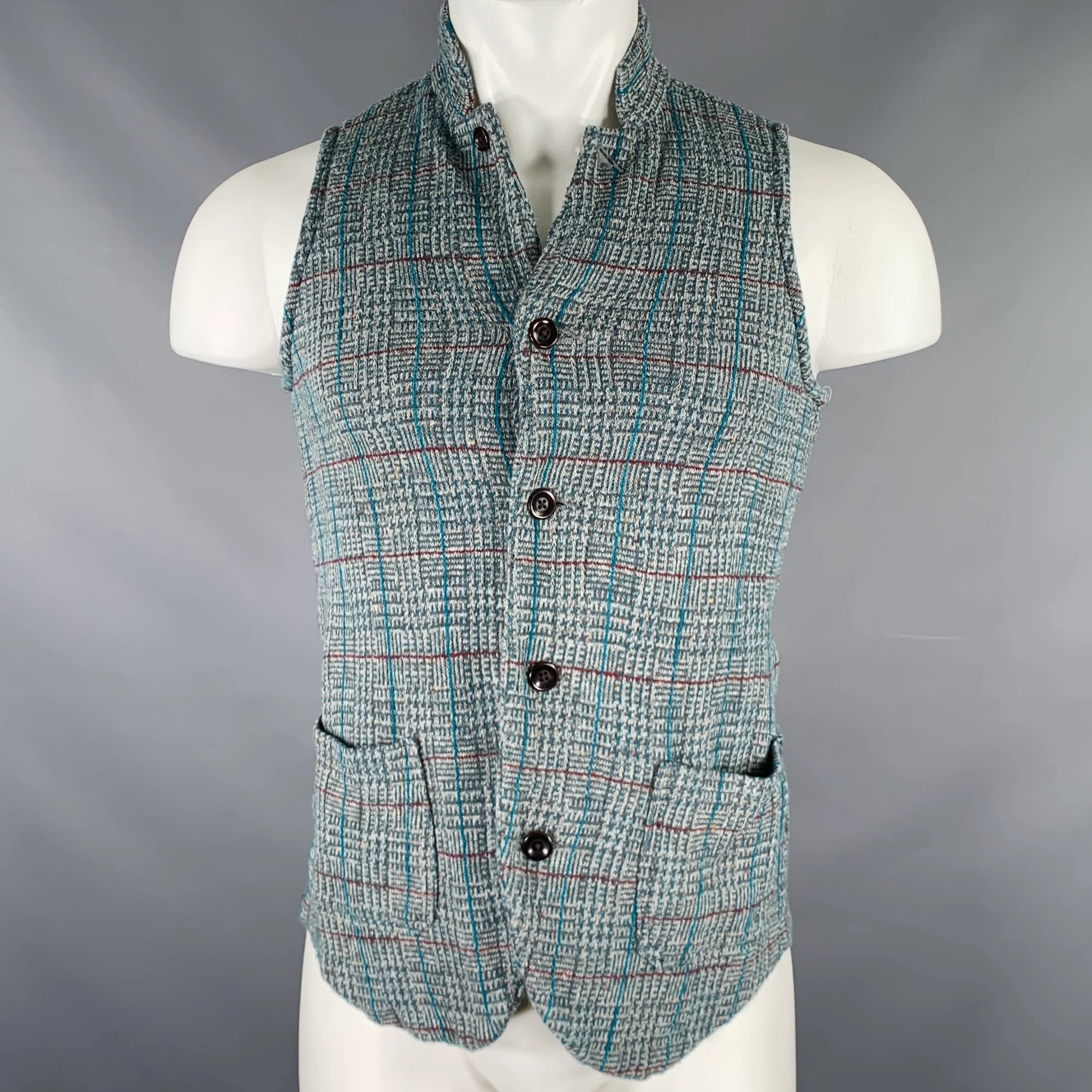 KAPITAL Size S Grey Blue Plaid Cotton Blend Button Up Vest