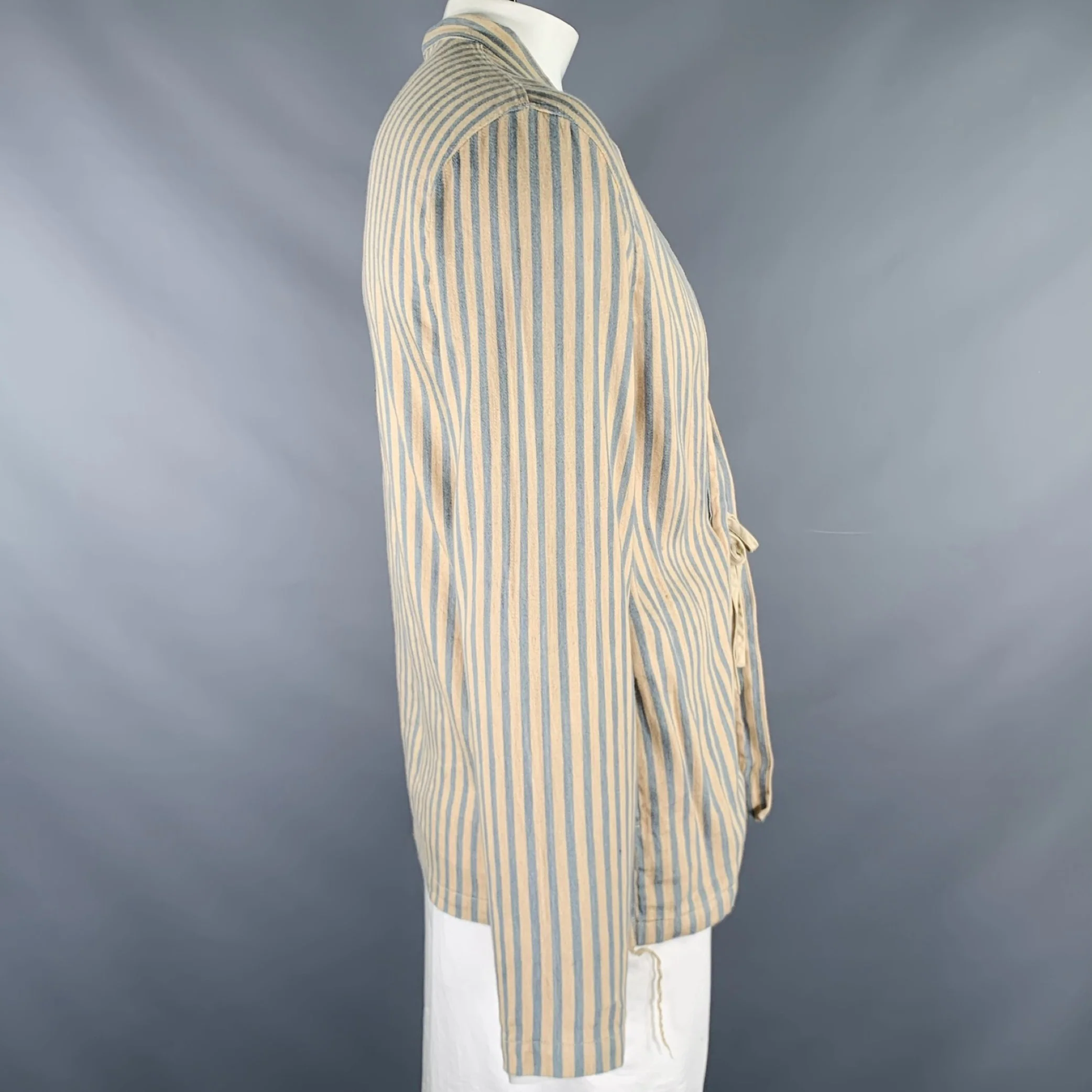 KAPITAL Size XL Beige Blue Stripe Linen Cotton Tie Jacket - Image 2