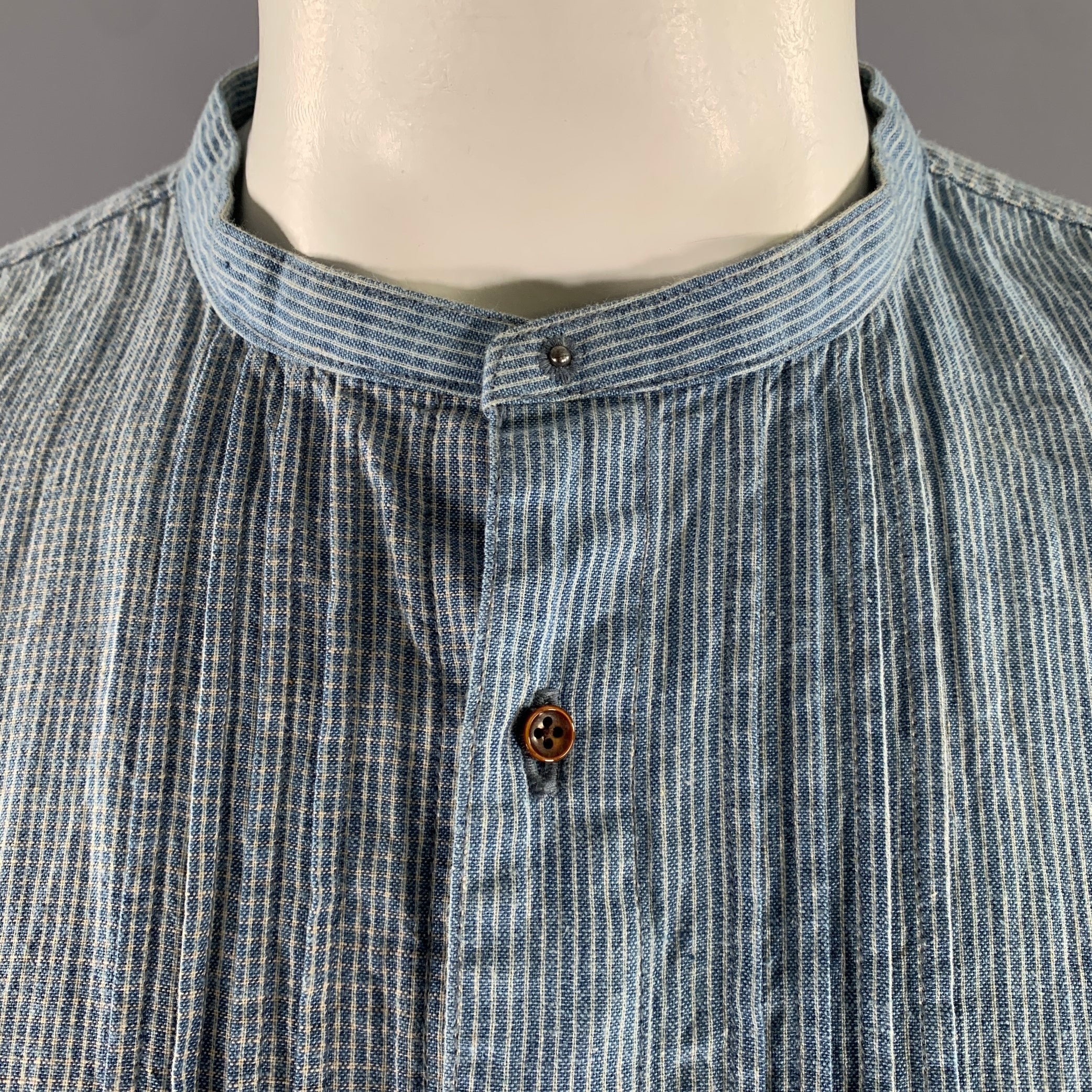 KAPITAL Size XL Blue White Stripe Cotton Linen Band Collar Long Sleeve Shirt - Image 2