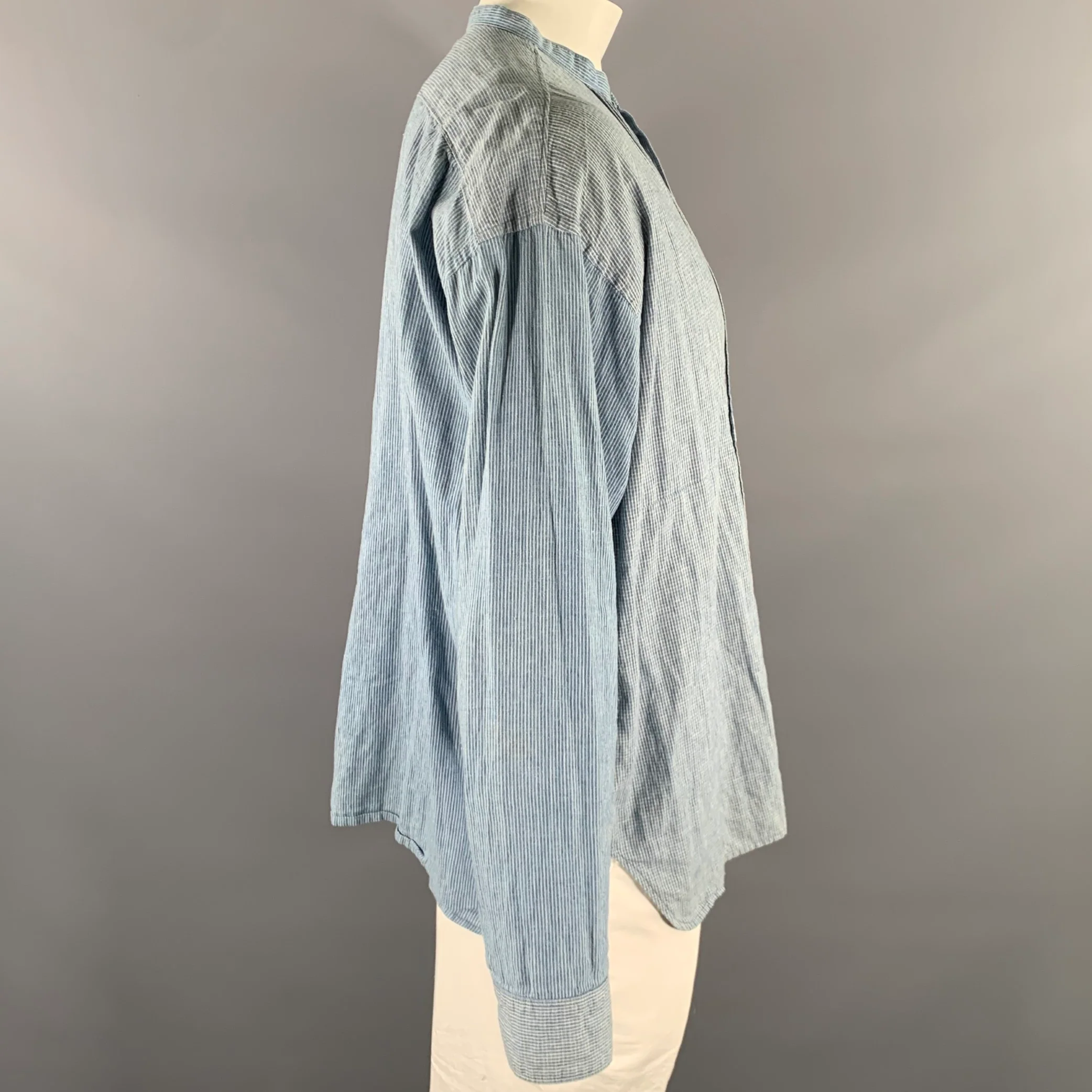 KAPITAL Size XL Blue White Stripe Cotton Linen Band Collar Long Sleeve Shirt - Image 3