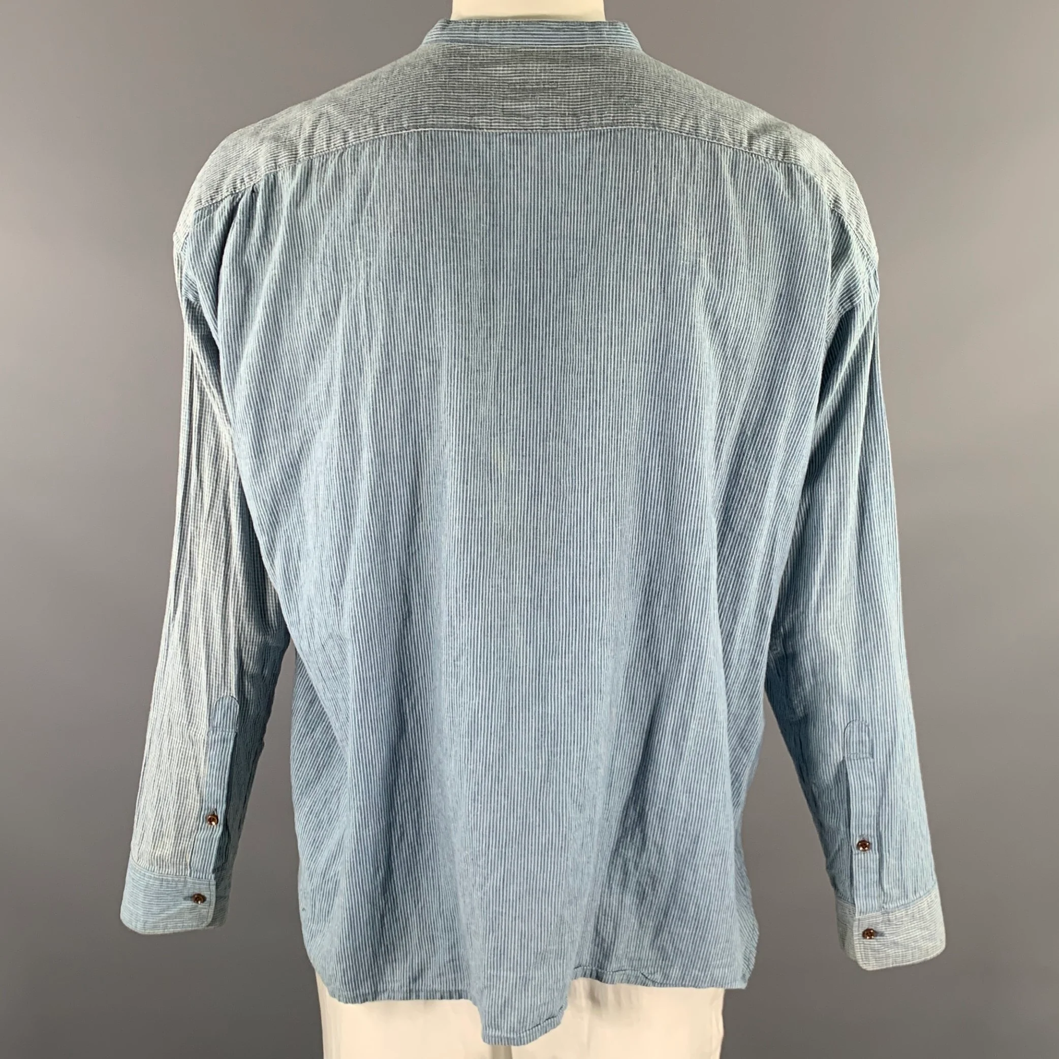 KAPITAL Size XL Blue White Stripe Cotton Linen Band Collar Long Sleeve Shirt - Image 4