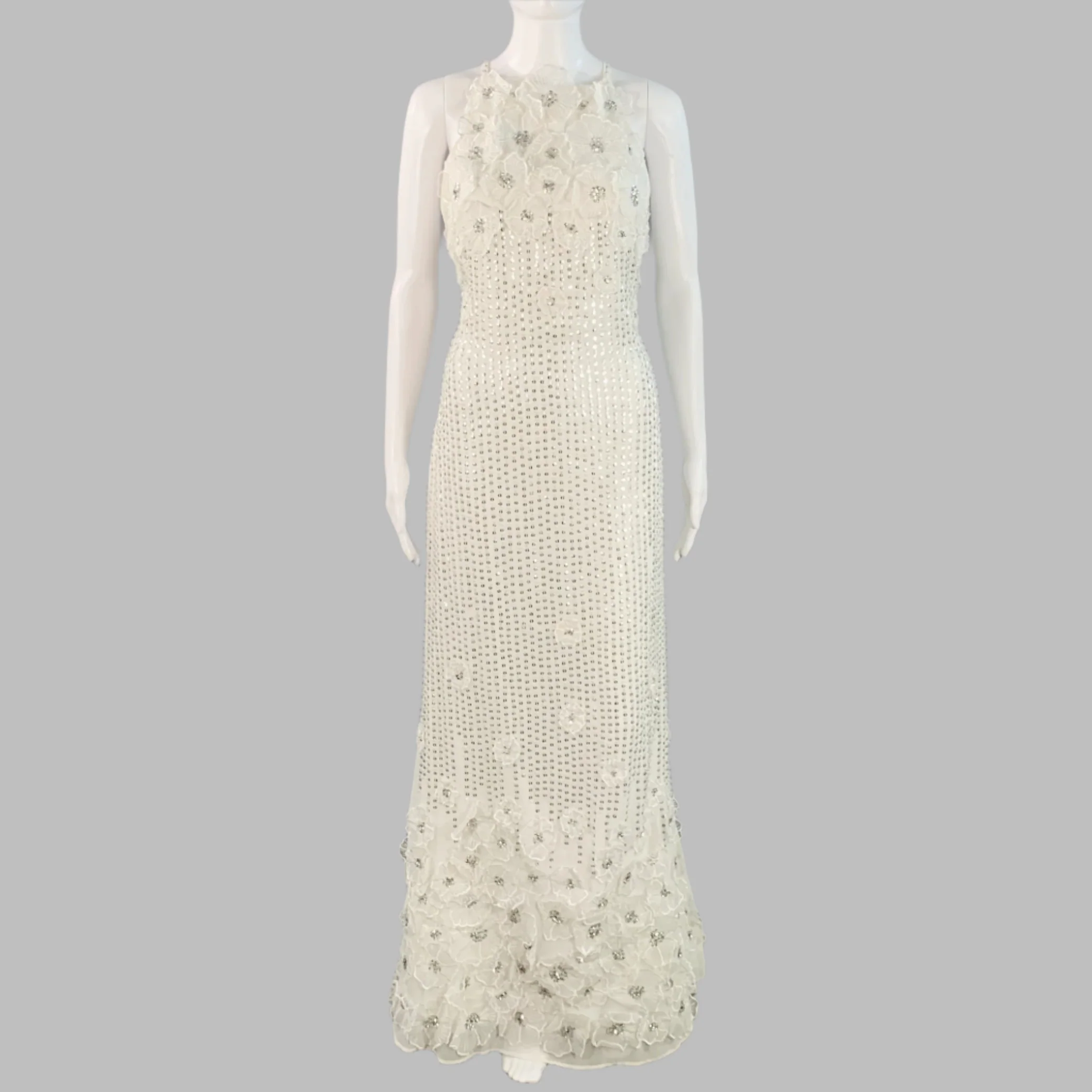 KAREN MILLEN Size 4 White Silver Sequined Spaghetti Straps Evening Gown