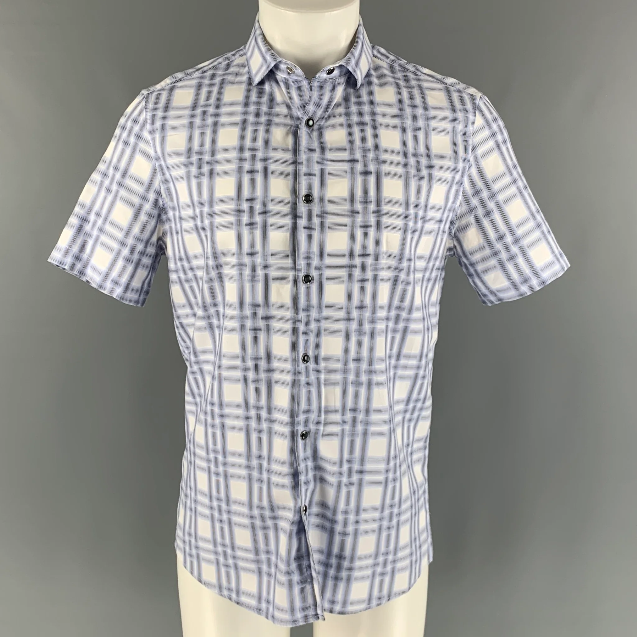 KARL LAGERFELD Size M Blue White Print Cotton Snaps Short Sleeve Shirt