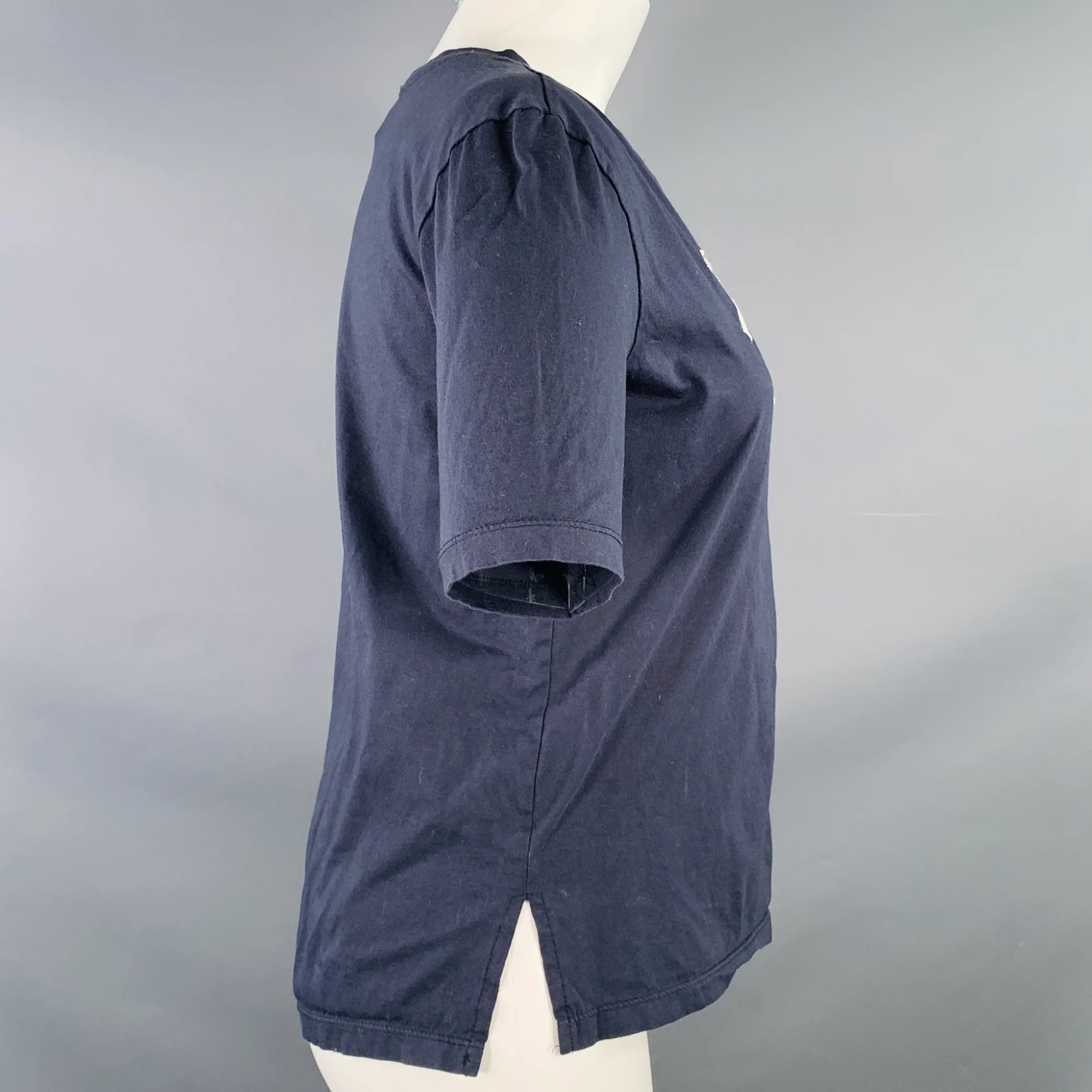 KARL LAGERFELD Size M Navy White Cotton Embroidered Logo Crew Neck T-Shirt - Image 3