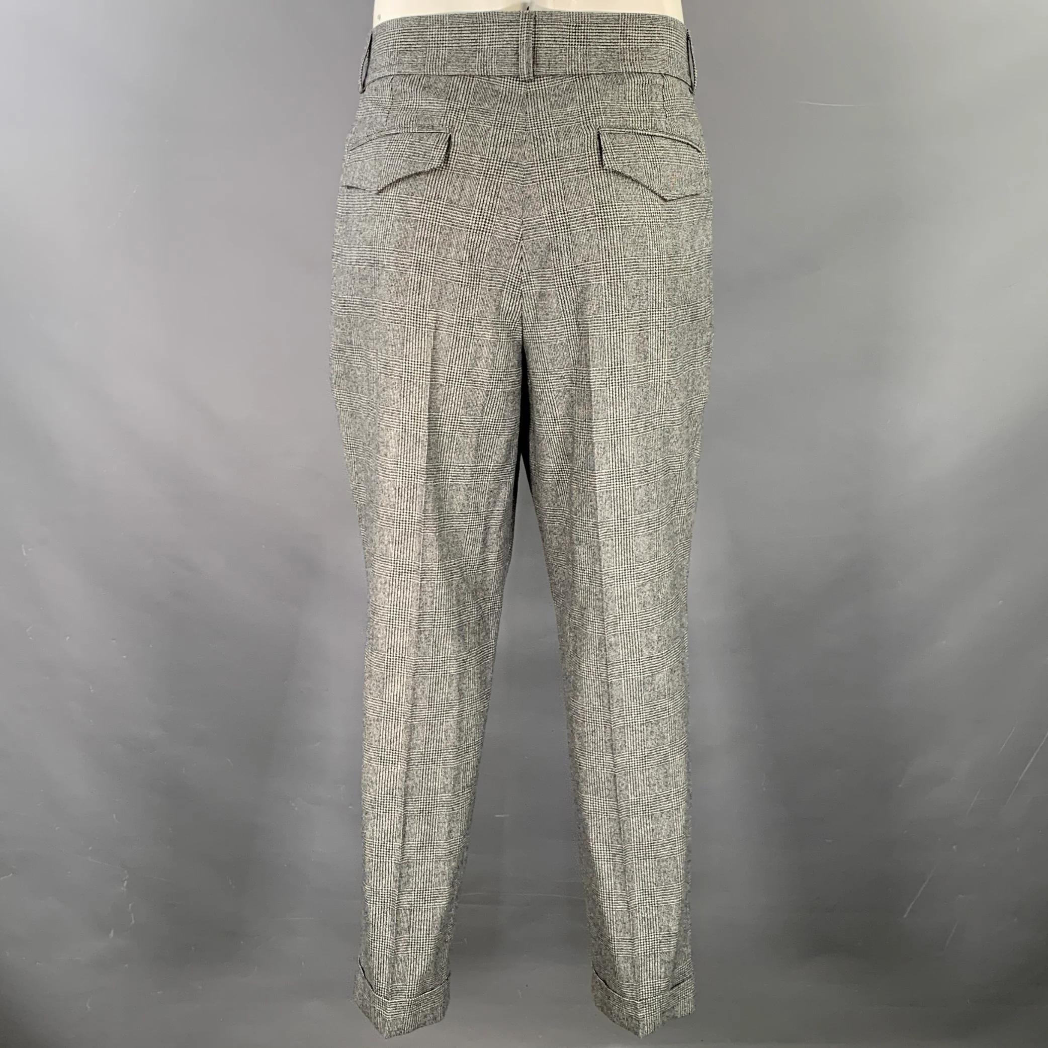 KENT & CURWEN Size 34 Williams Peg Leg Green White Glenplaid Wool Pleated Casual Pants - Image 2