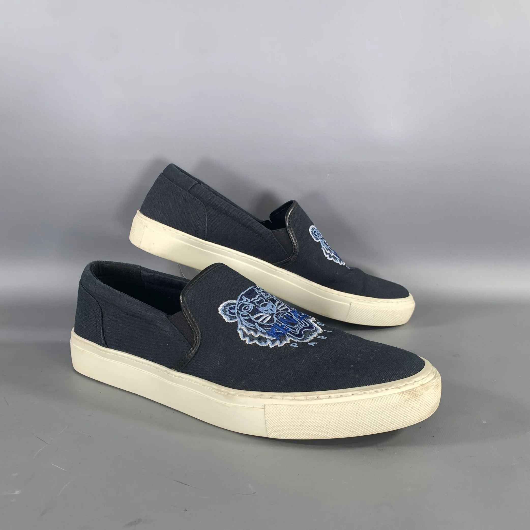 KENZO Size 11 Navy Light Blue Embroidery Canvas Slip On Sneakers