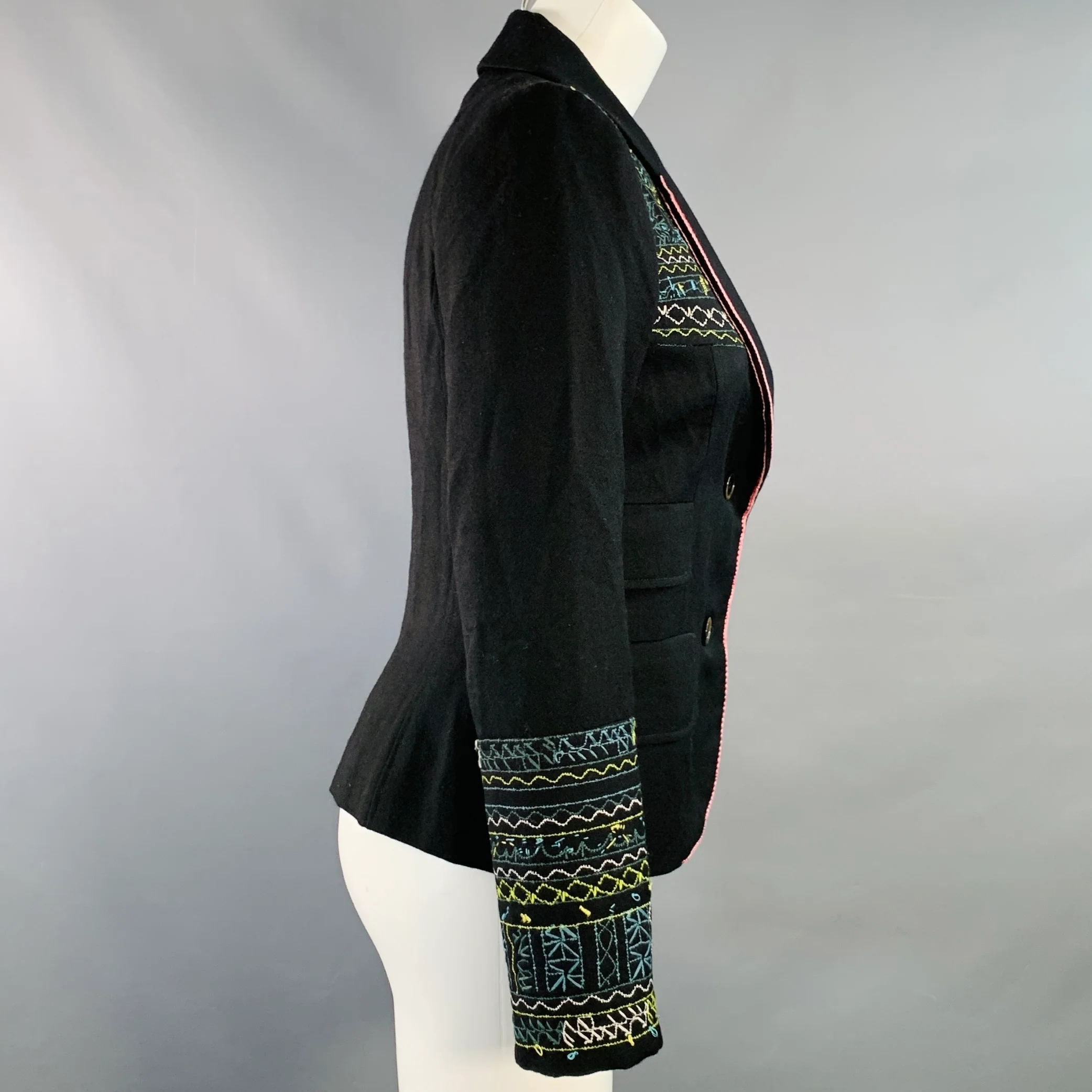 KENZO Size 4 Black Multi Color Wool Embroidered Jacket Blazer - Image 3