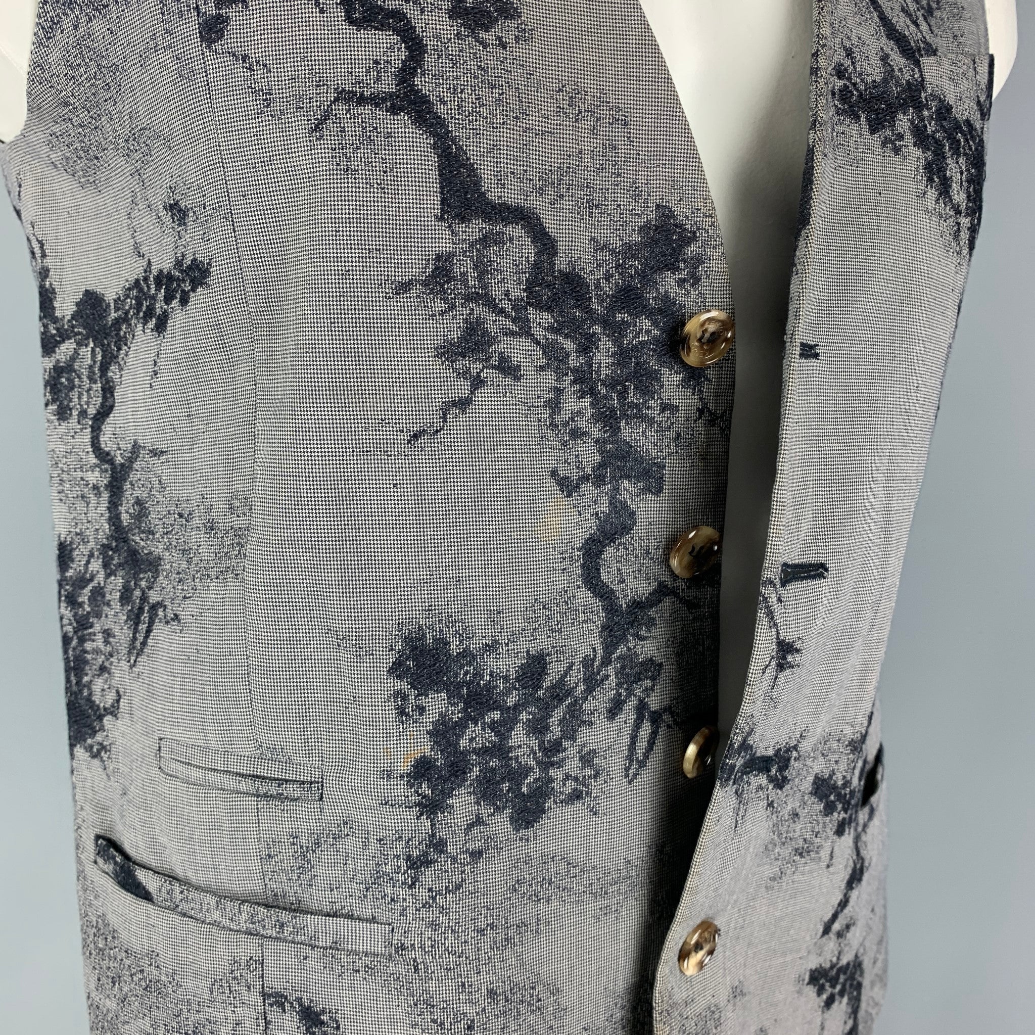 KENZO Size L Navy White Houndstooth Cotton Blend Embroidered Vest - Image 4