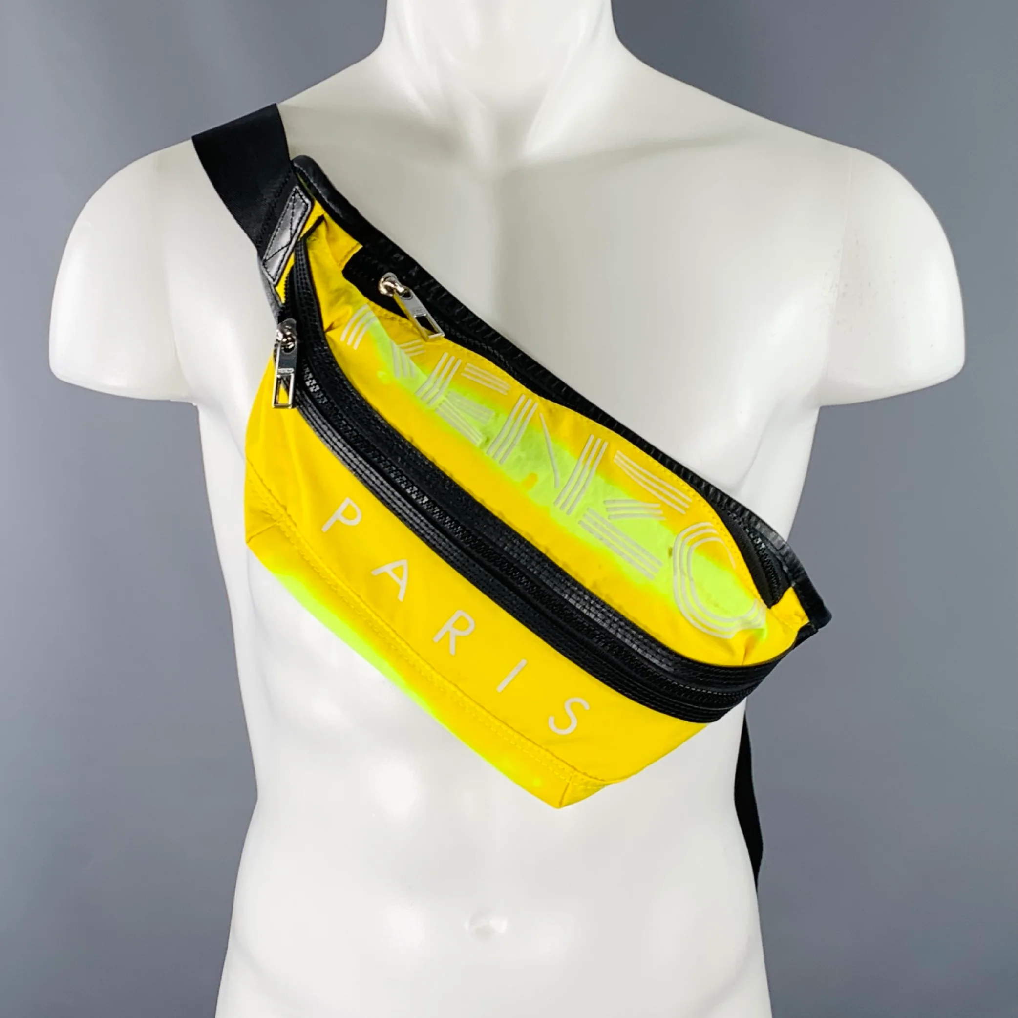 KENZO Yellow Black Logo Nylon Leather Double Zipper Belt Bag - Image 13