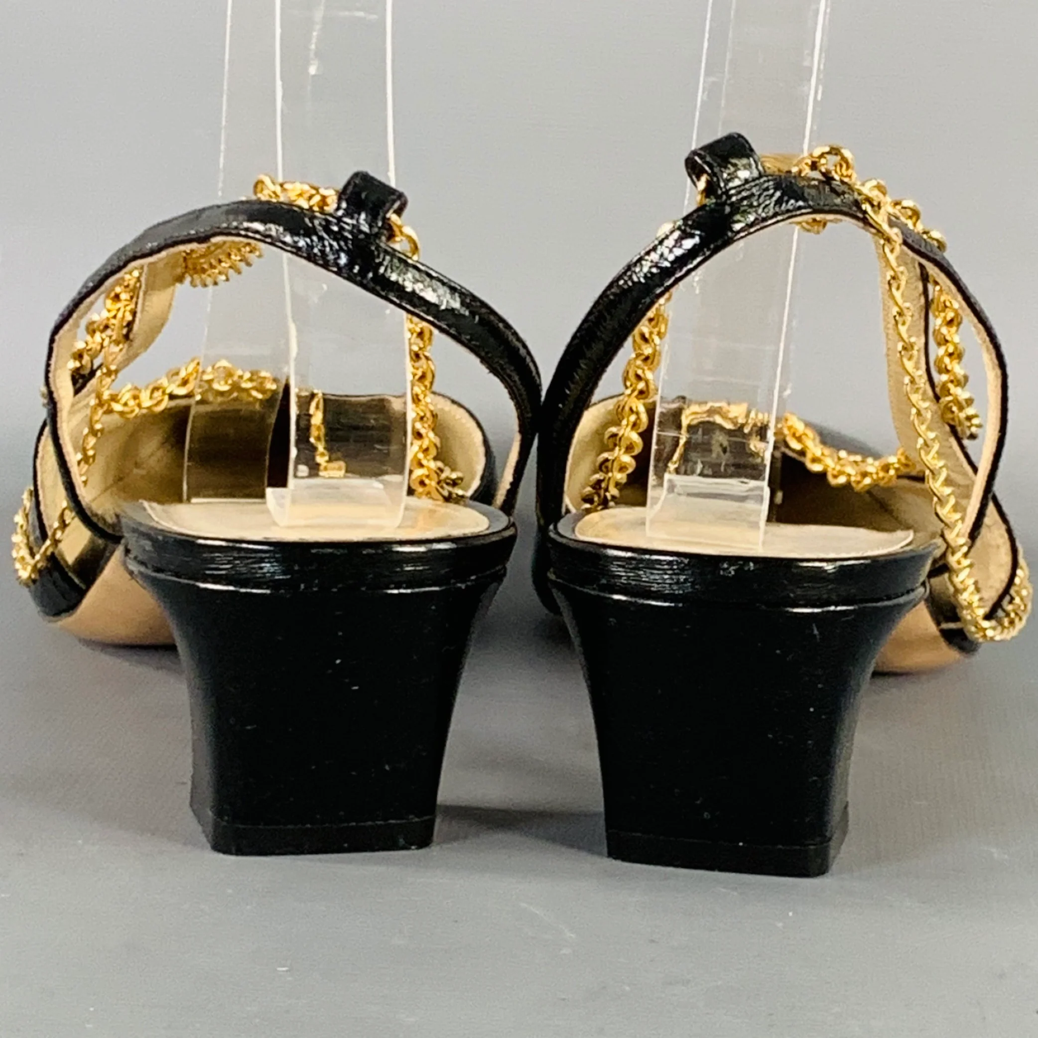 KHAITE Size 9.5 Marfa Black Gold Leather Crinkled Chain Slingback Pumps - Image 3
