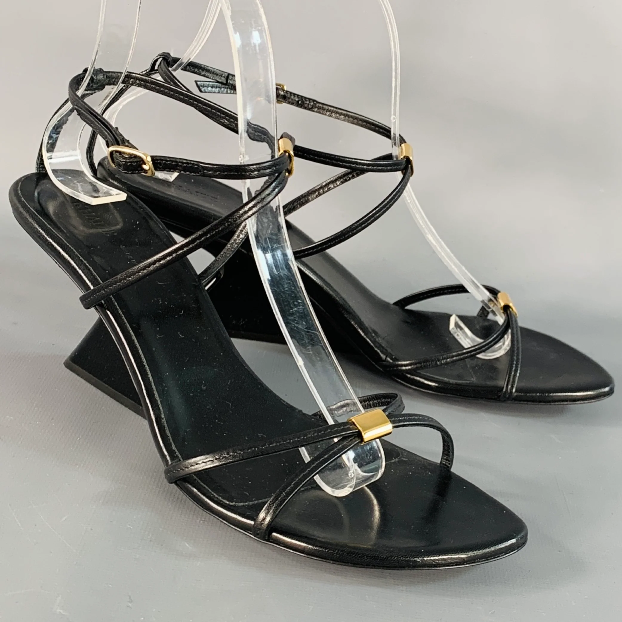 KHAITE Size 9.5 Seneca Black Gold Leather Straps Wedge Sandals
