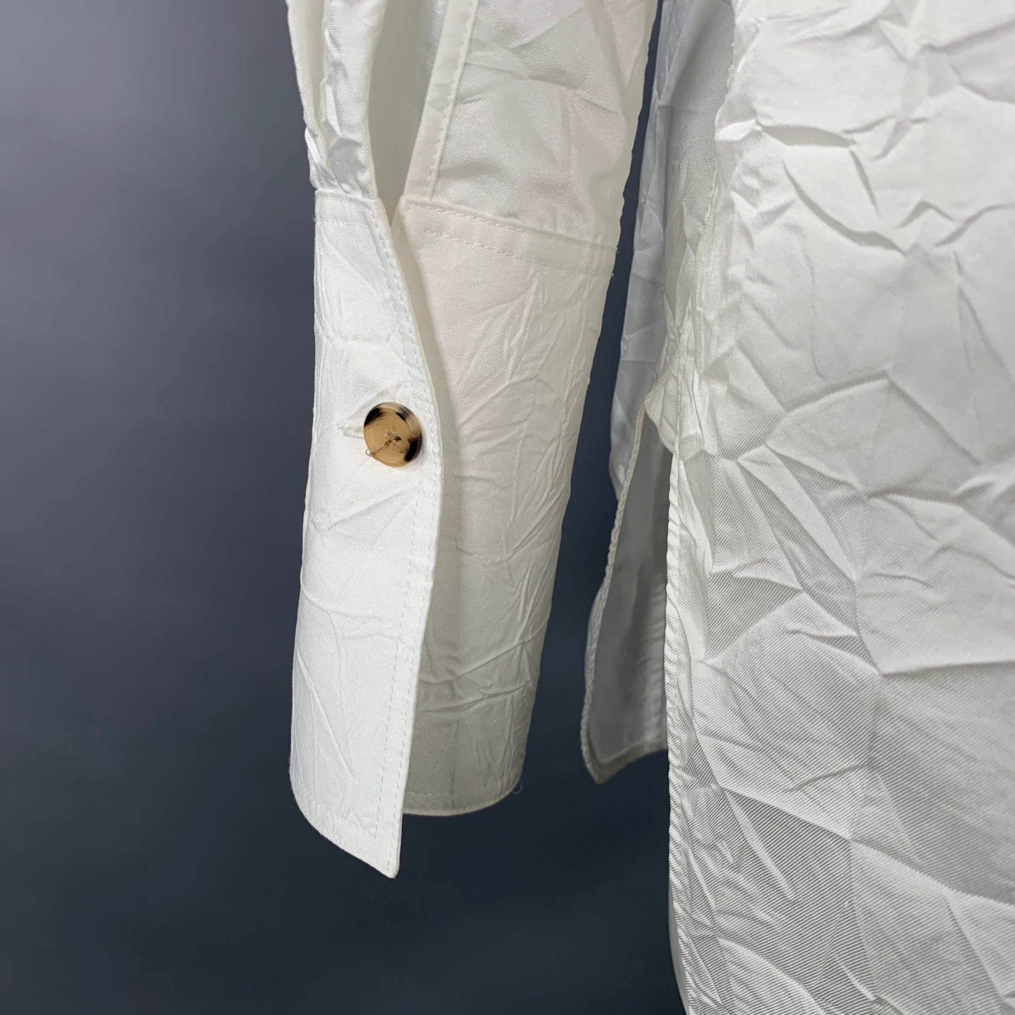 KHAITE Size S Cream Cotton Blend Wrinkled Contrast Stitch Button Up Shirt - Image 5