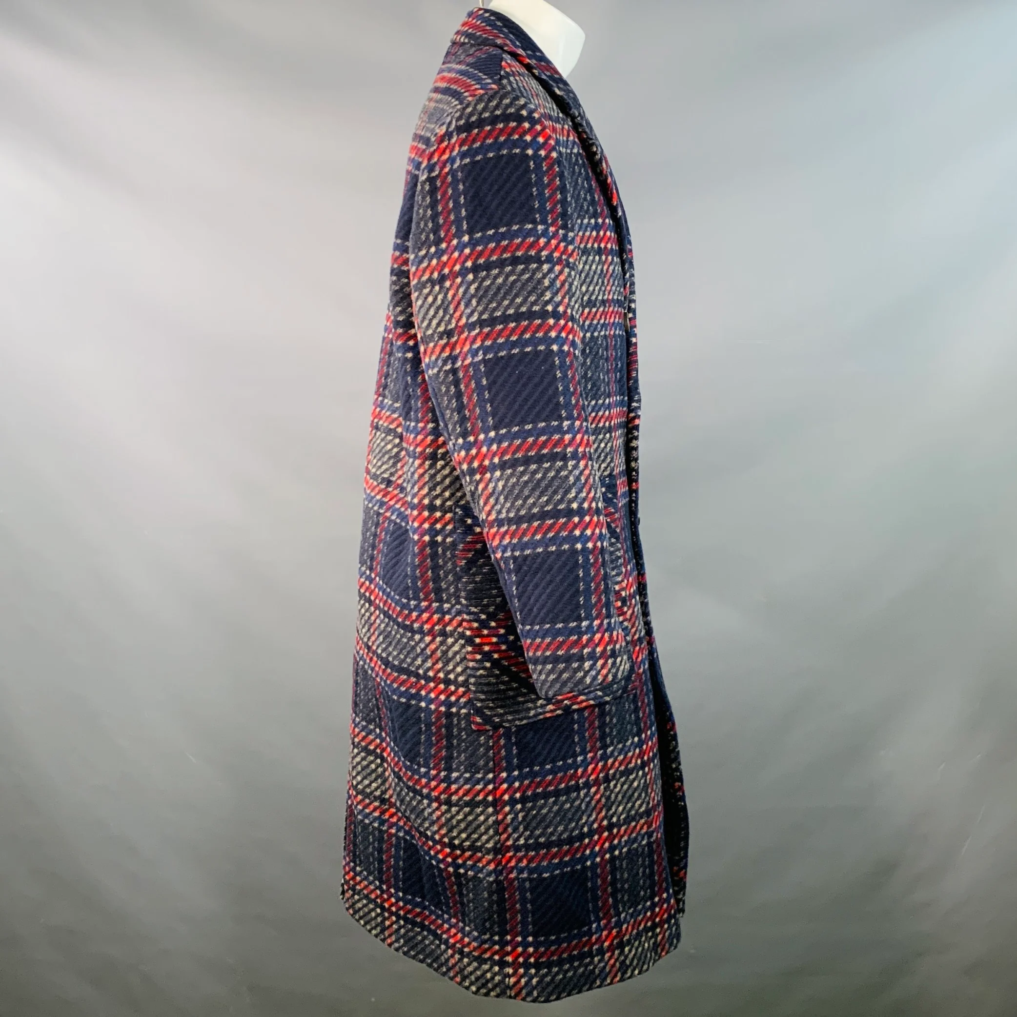 KITH Size S Royce Navy Red Beige Wool Blend Plaid Double Breasted Coat - Image 4