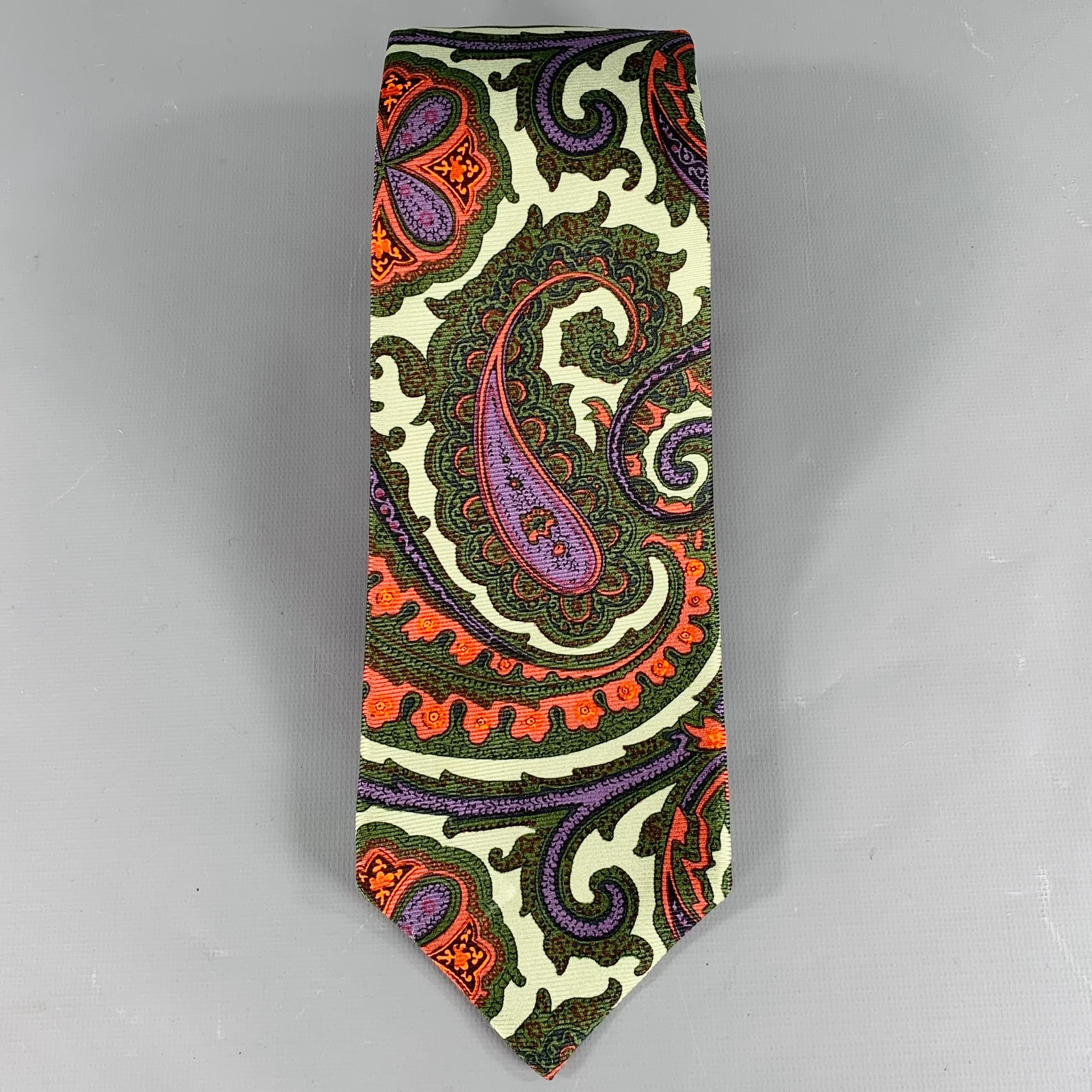 KITON Green Orange Paisley Silk Tie - Image 2