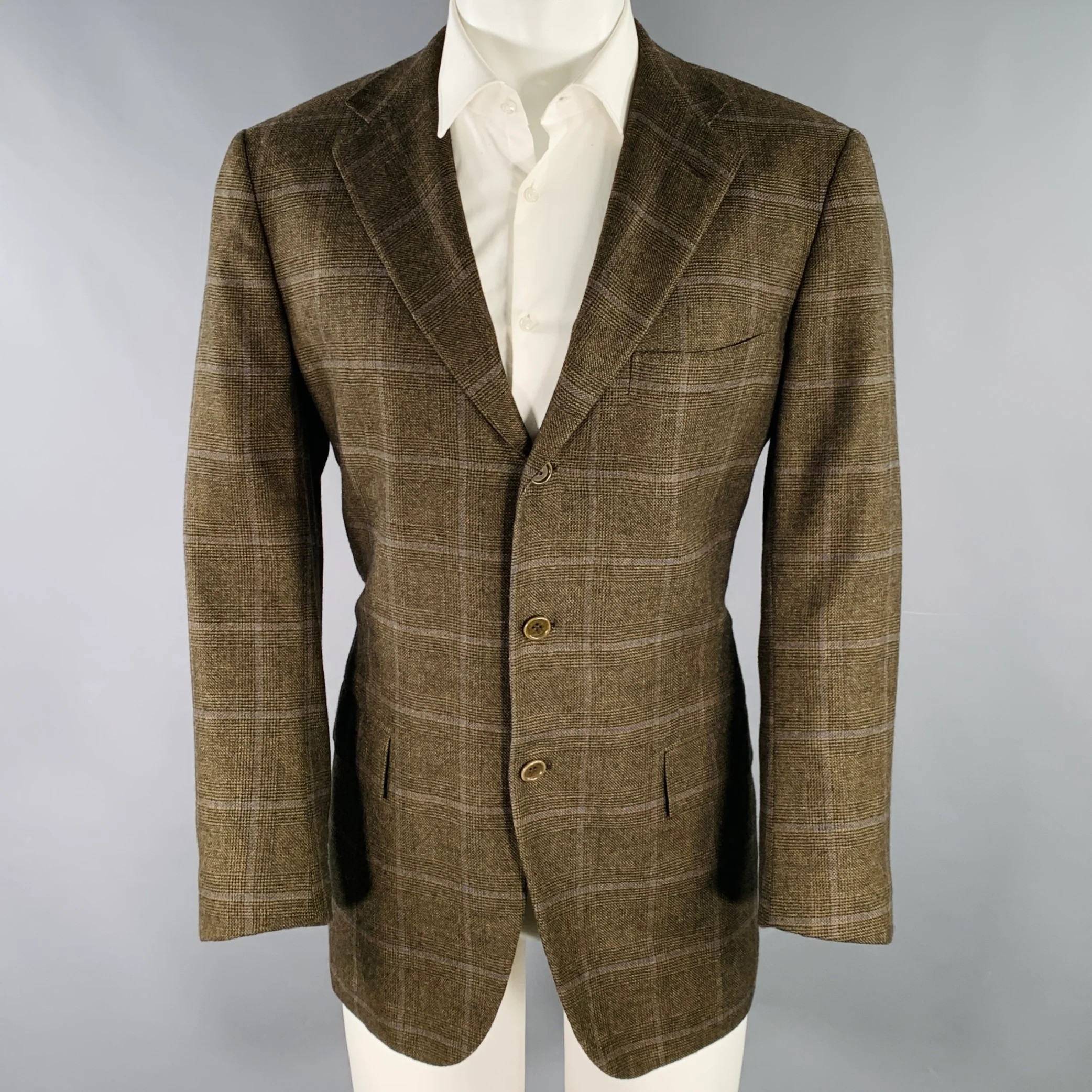KITON Size 40 Brown Blue Window Pane Cashmere Notch Lapel Sport Coat