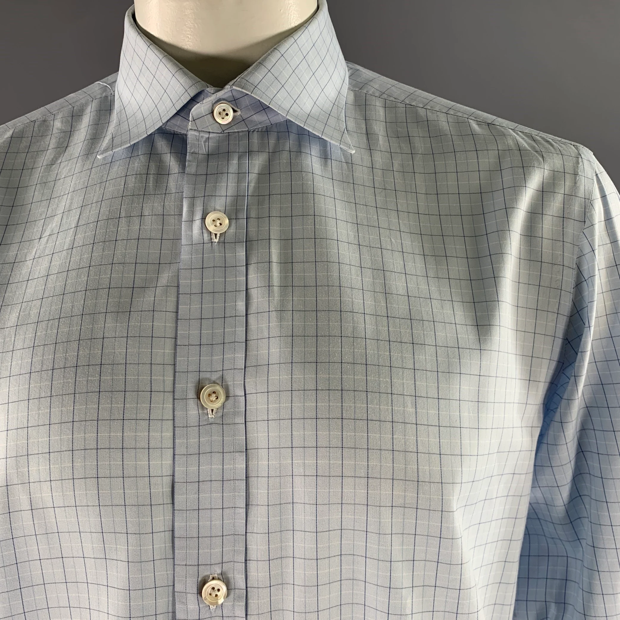 KITON Size L Light Blue Windowpane Cotton French Cuff Long Sleeve Shirt - Image 2