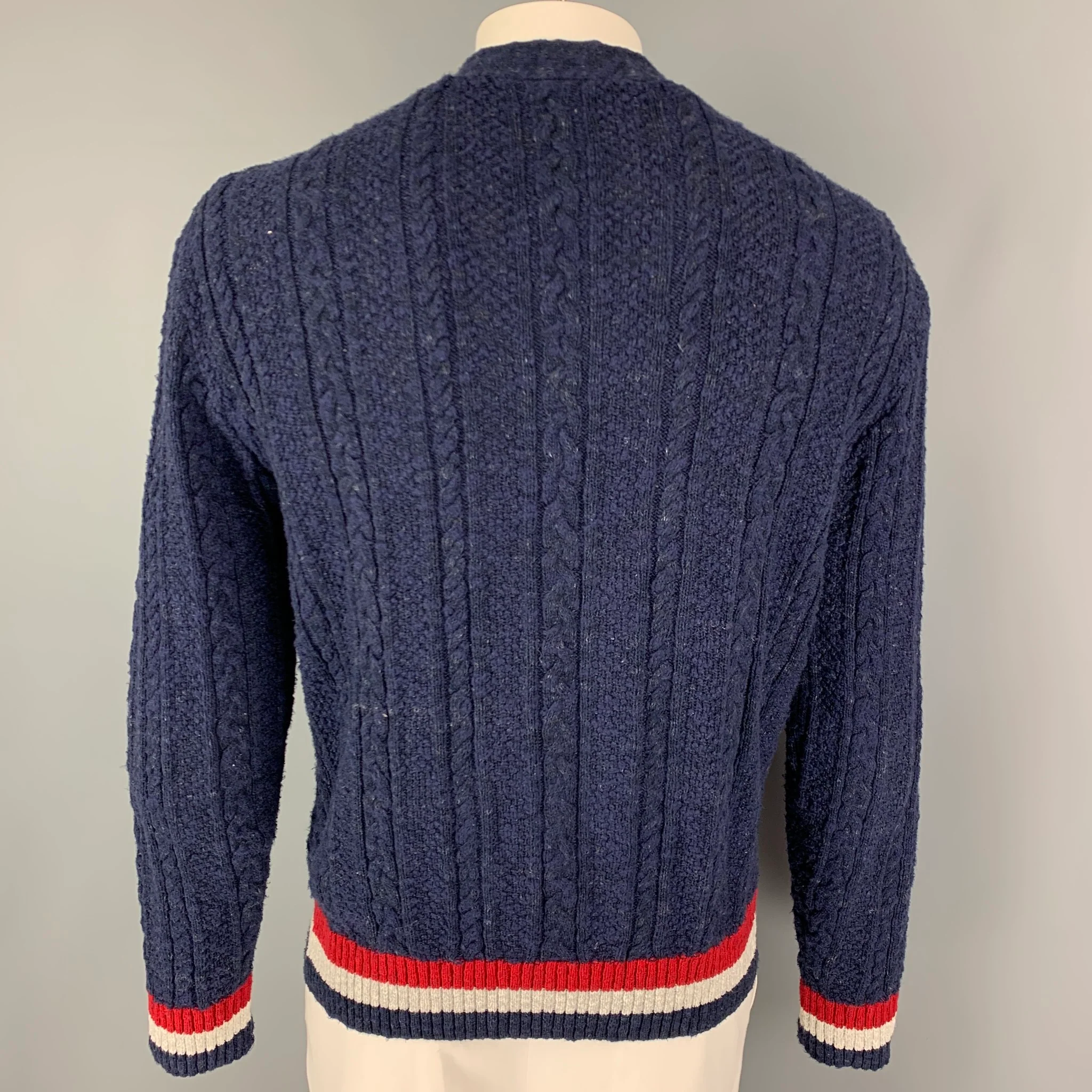 KITON Size L Navy Red & White Contrast Stitch Cotton V-Neck Cardigan - Image 3