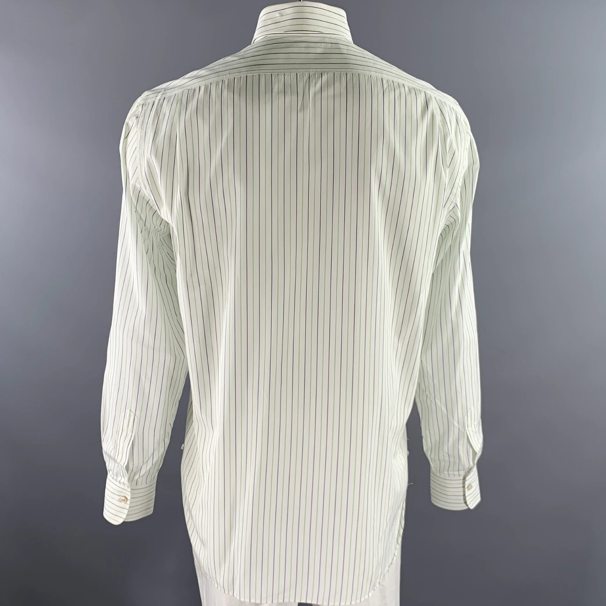 KITON Size L White Green Navy Pinstripe Cotton Long Sleeve Shirt - Image 4