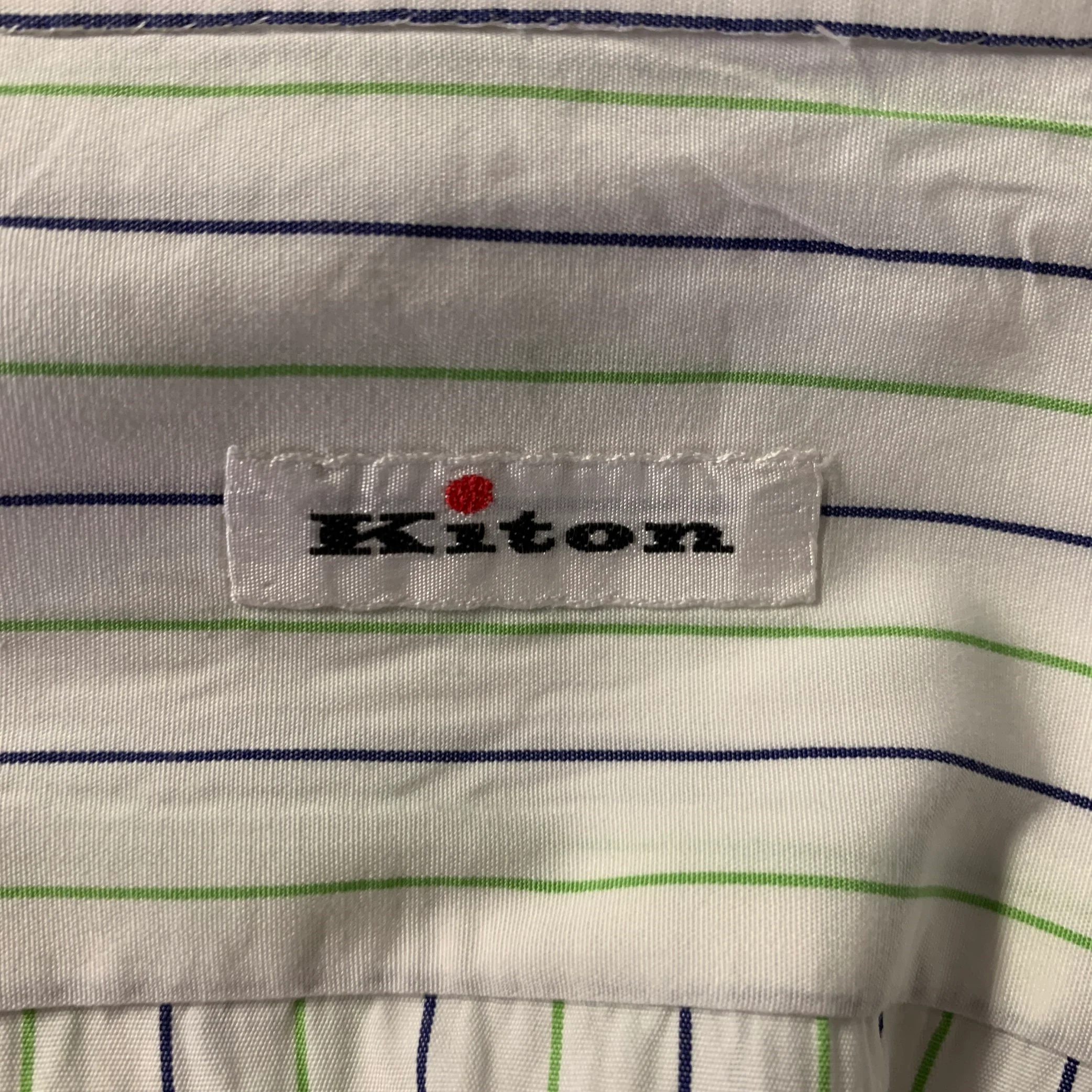 KITON Size L White Green Navy Pinstripe Cotton Long Sleeve Shirt - Image 5