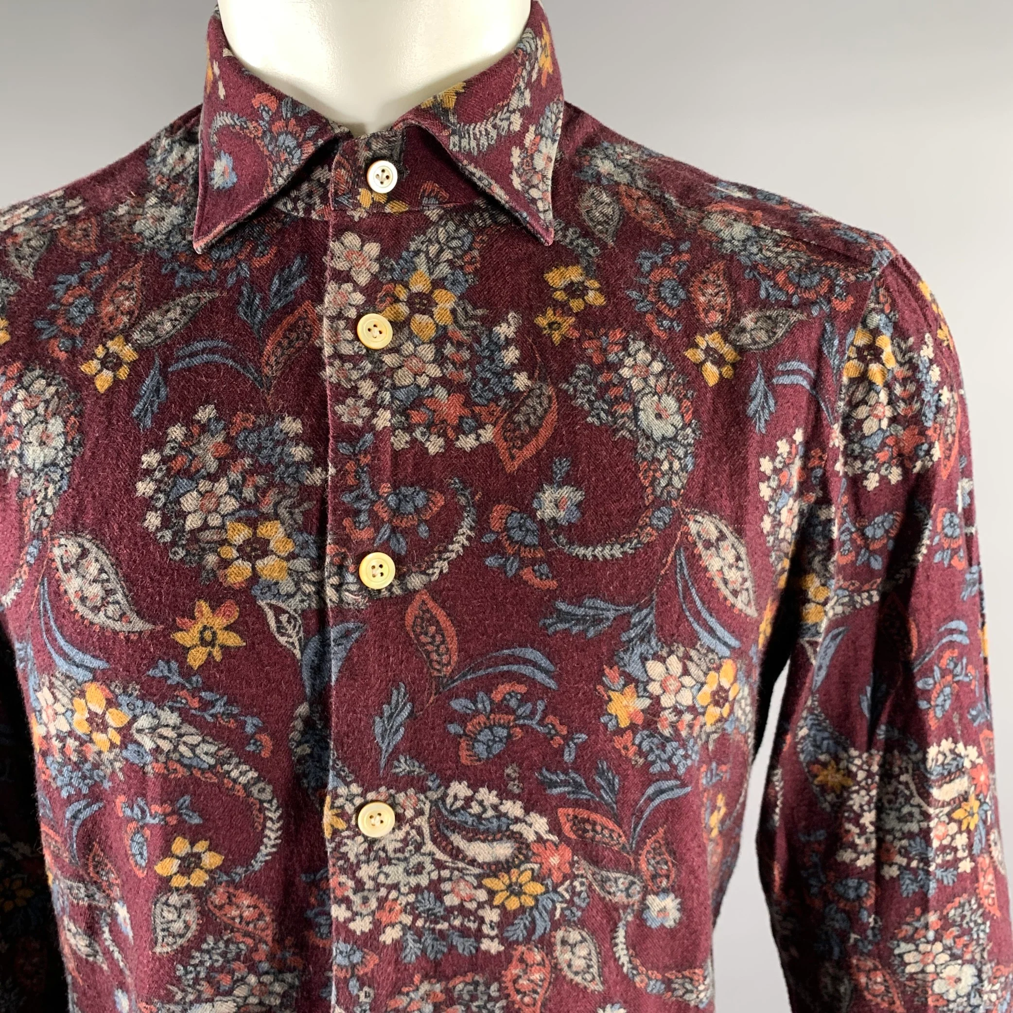 KITON Size M Burgundy Floral Long Sleeve Shirt - Image 2