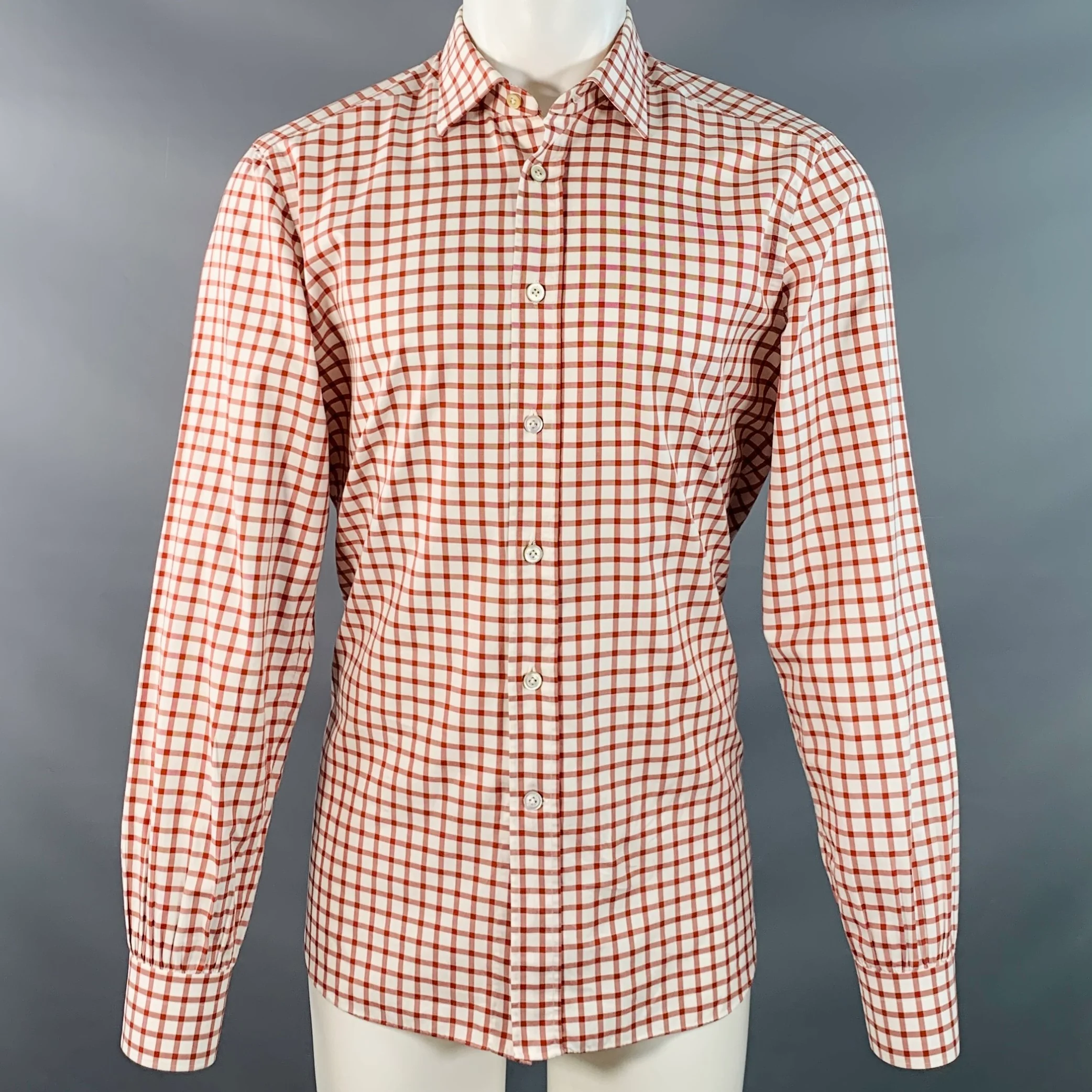 KITON Size M White Burgundy Checkered Cotton Curved Cutaway Long Sleeve Shirt