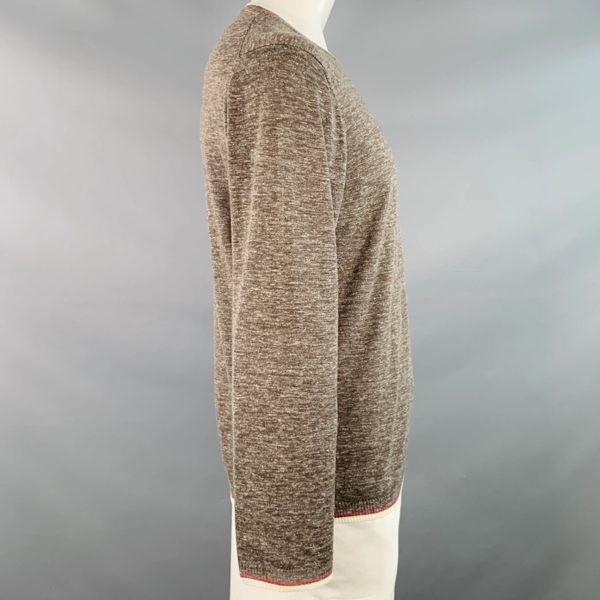 KITON Size XL Heather Brown Cream Red Silk Linen Contrast Trim Crew Neck Pullover - Image 3