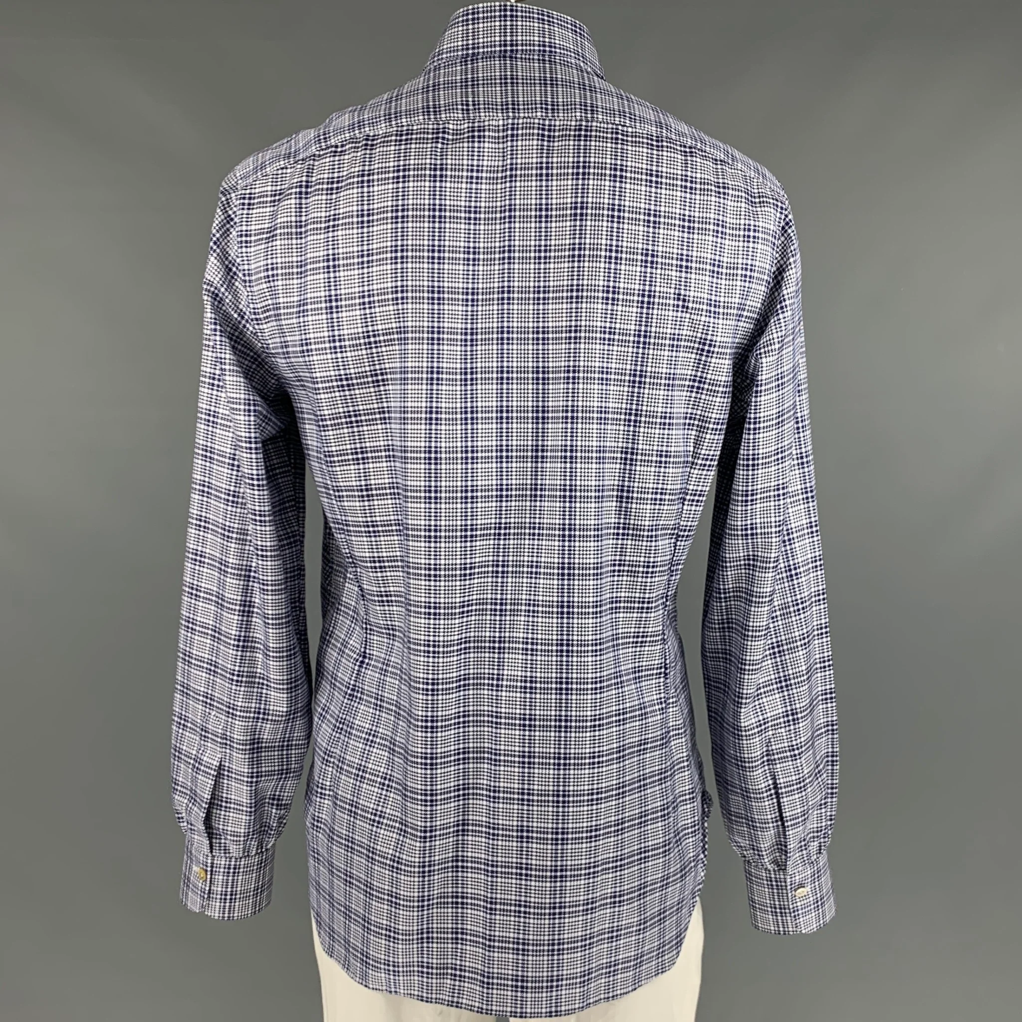 KITON Size XL Navy White Glenplaid Cotton Long Sleeve Shirt - Image 4
