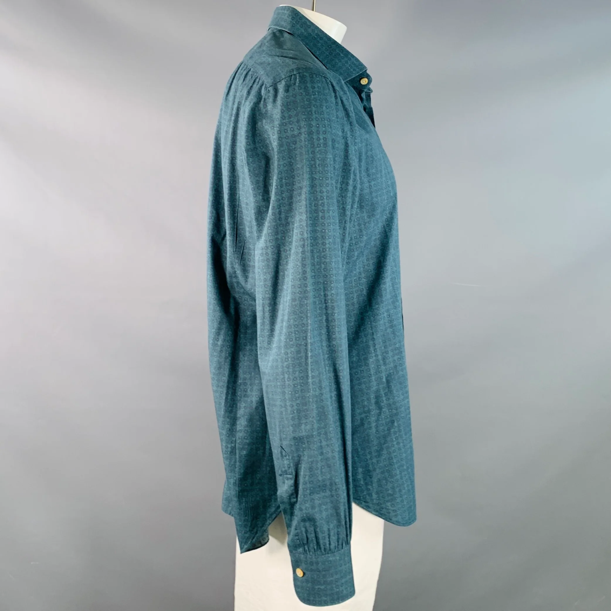 KITON Size XXL Green Navy Dots Cotton Curved Cutaway Long Sleeve Shirt - Image 3