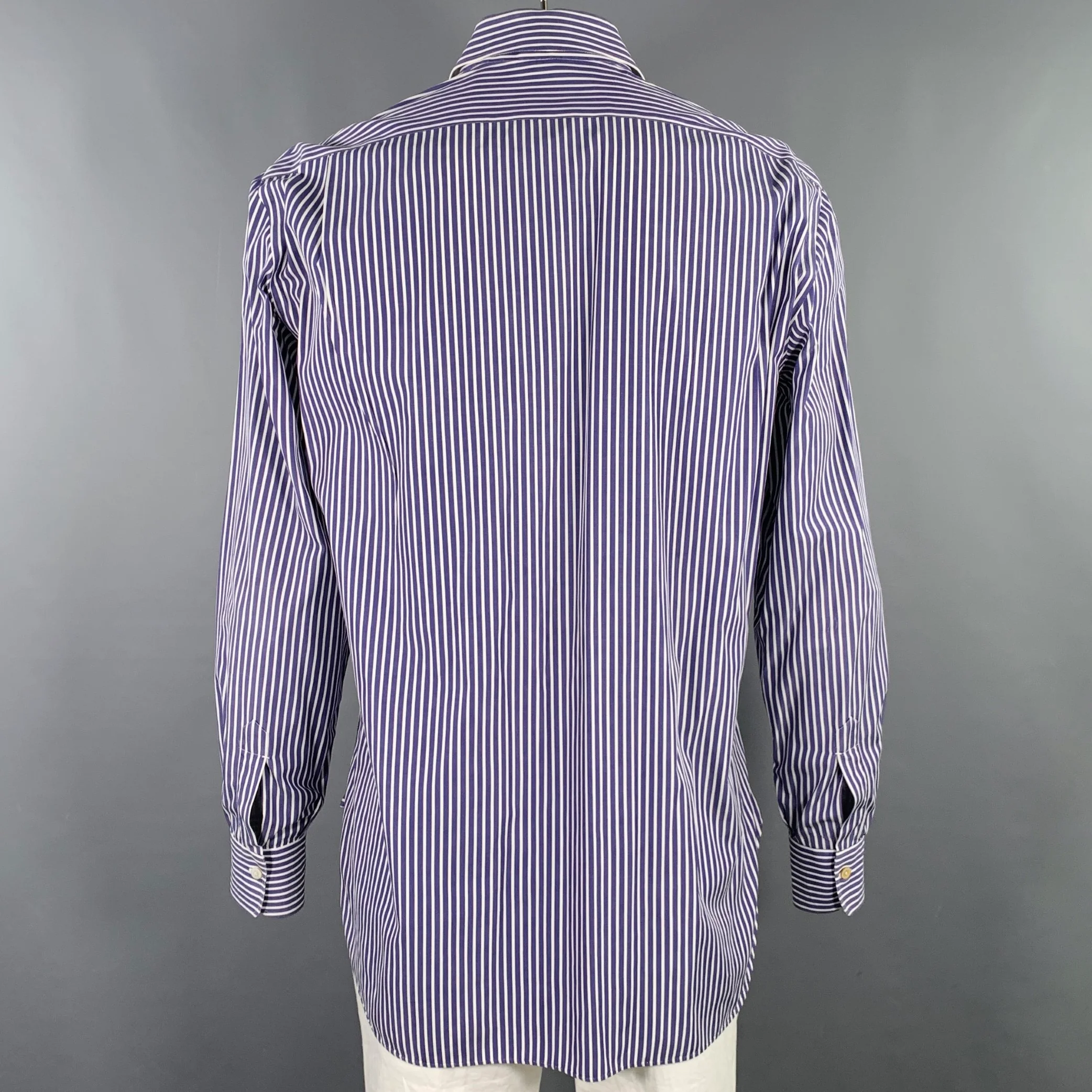 KITON Size XXL Navy White Stripe Cotton Long Sleeve Shirt - Image 3