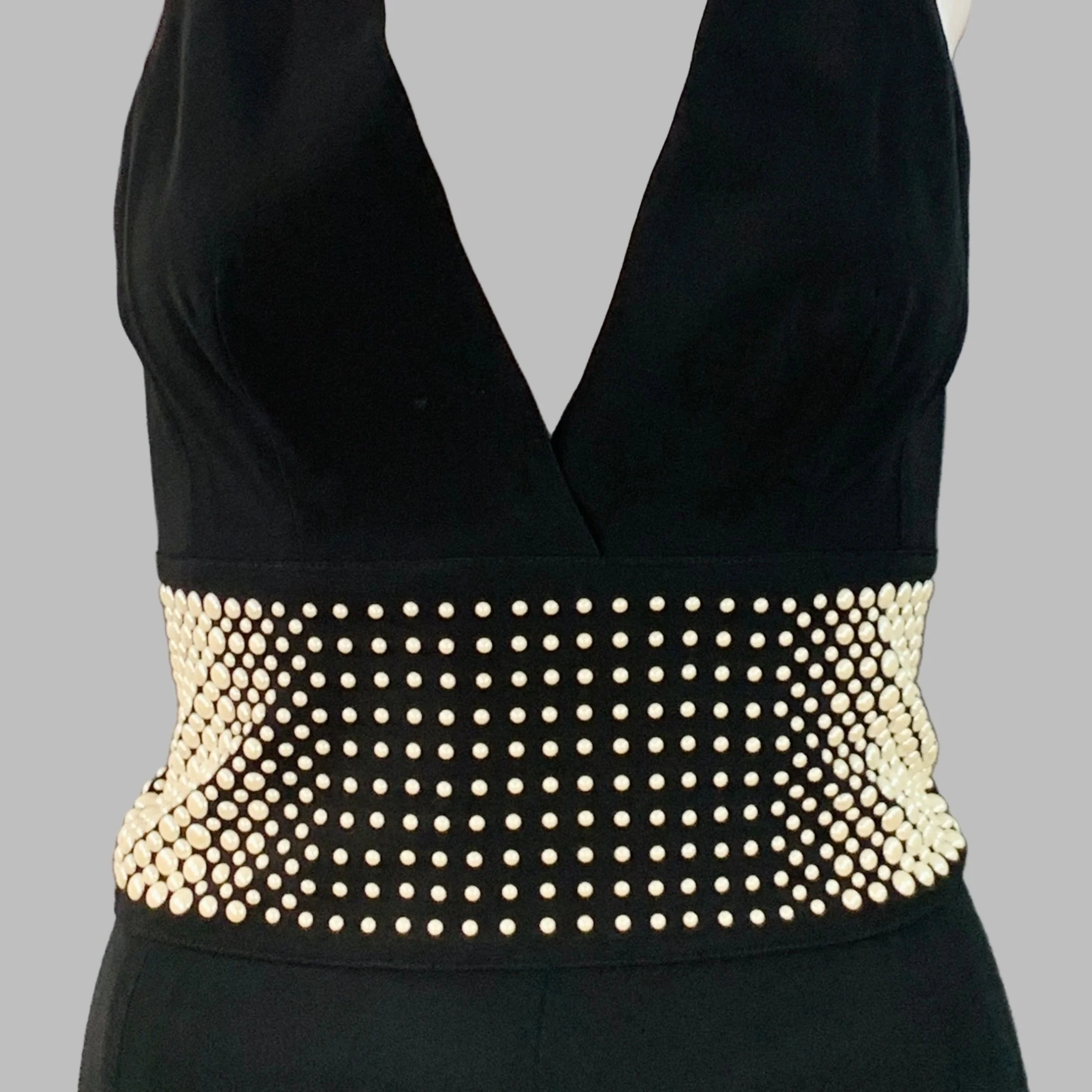 LA PERLA Size 4 Black White Viscose Blend Faux Pearl Embellishment V-Neck Jumpsuit - Image 2