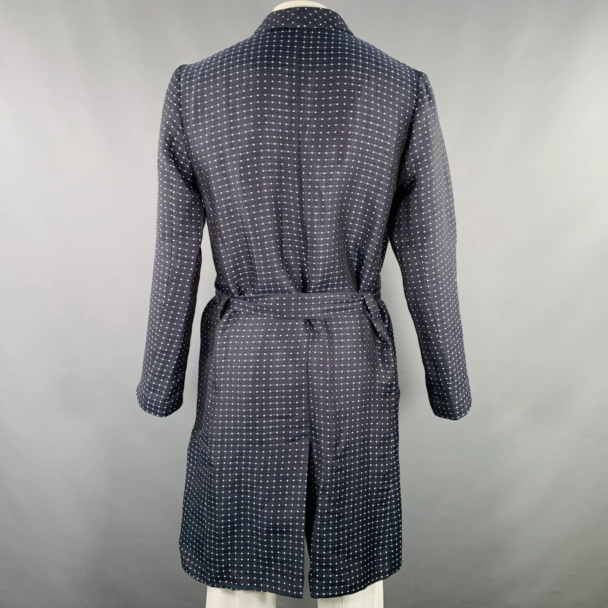 LA PERLA Size L Navy White Dots Linen Silk Shawl Collar Robe - Image 4