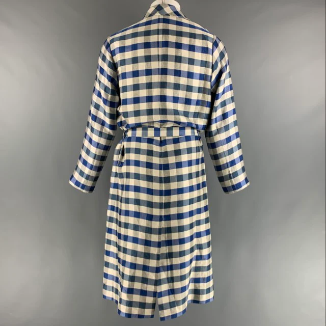 LA PERLA Size M Blue Off White Checkered Silk Linen Belted Robe - Image 4
