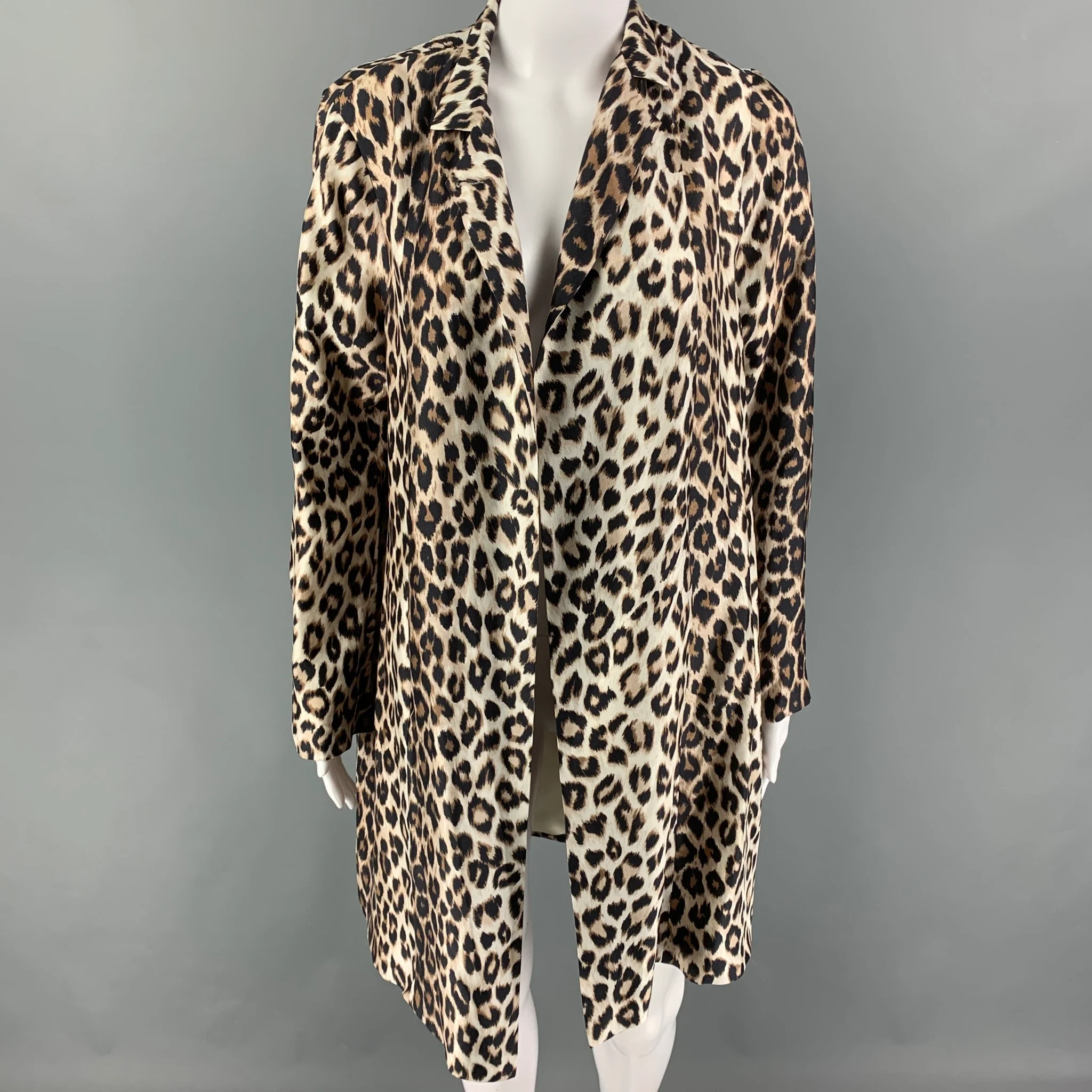 LA PRESTIC OUISTON Size S Beige Brown Silk Animal Print Open Front Coat