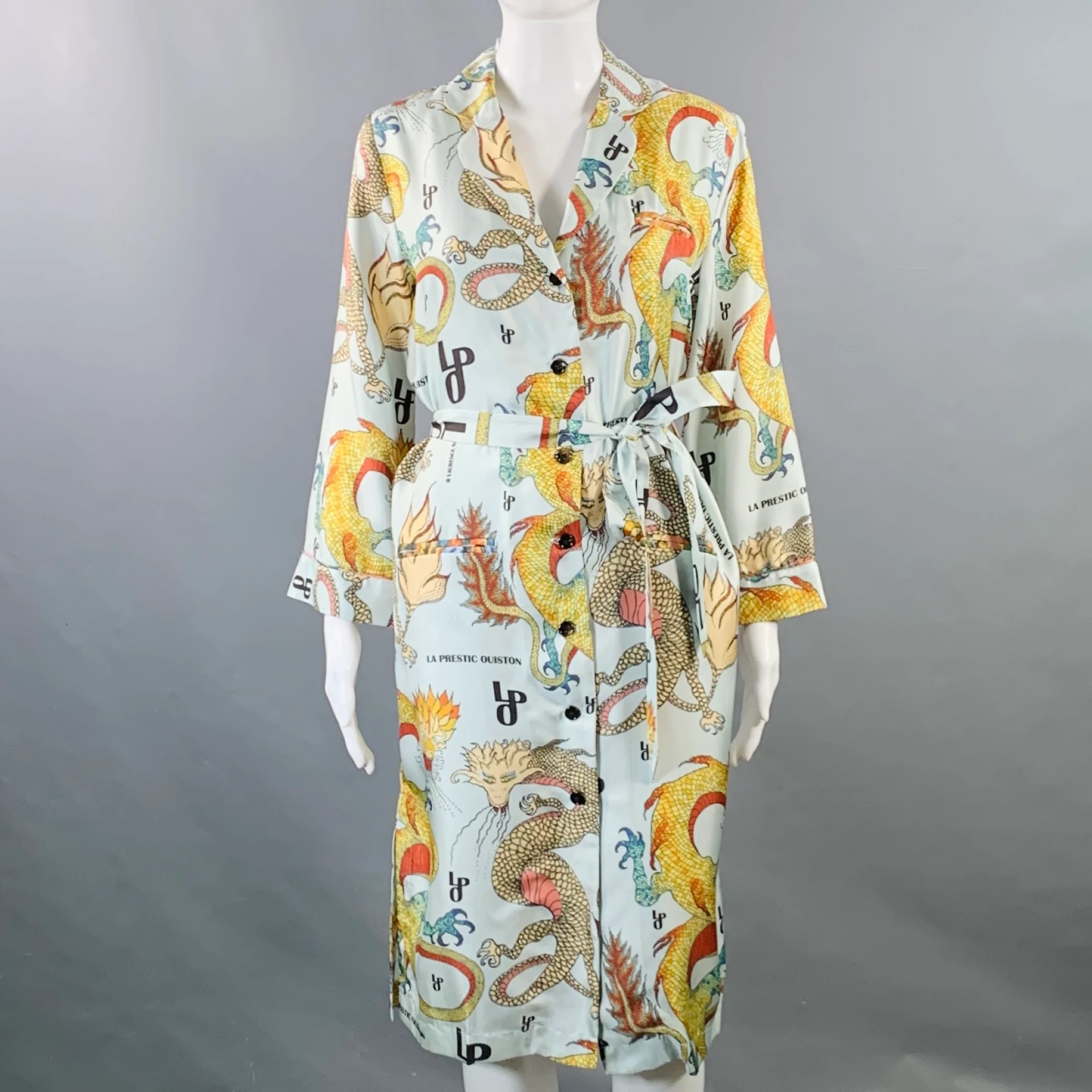 LA PRESTIC OUISTON Size S Blue Multi Color Silk Dragons Belted Shirt Dress