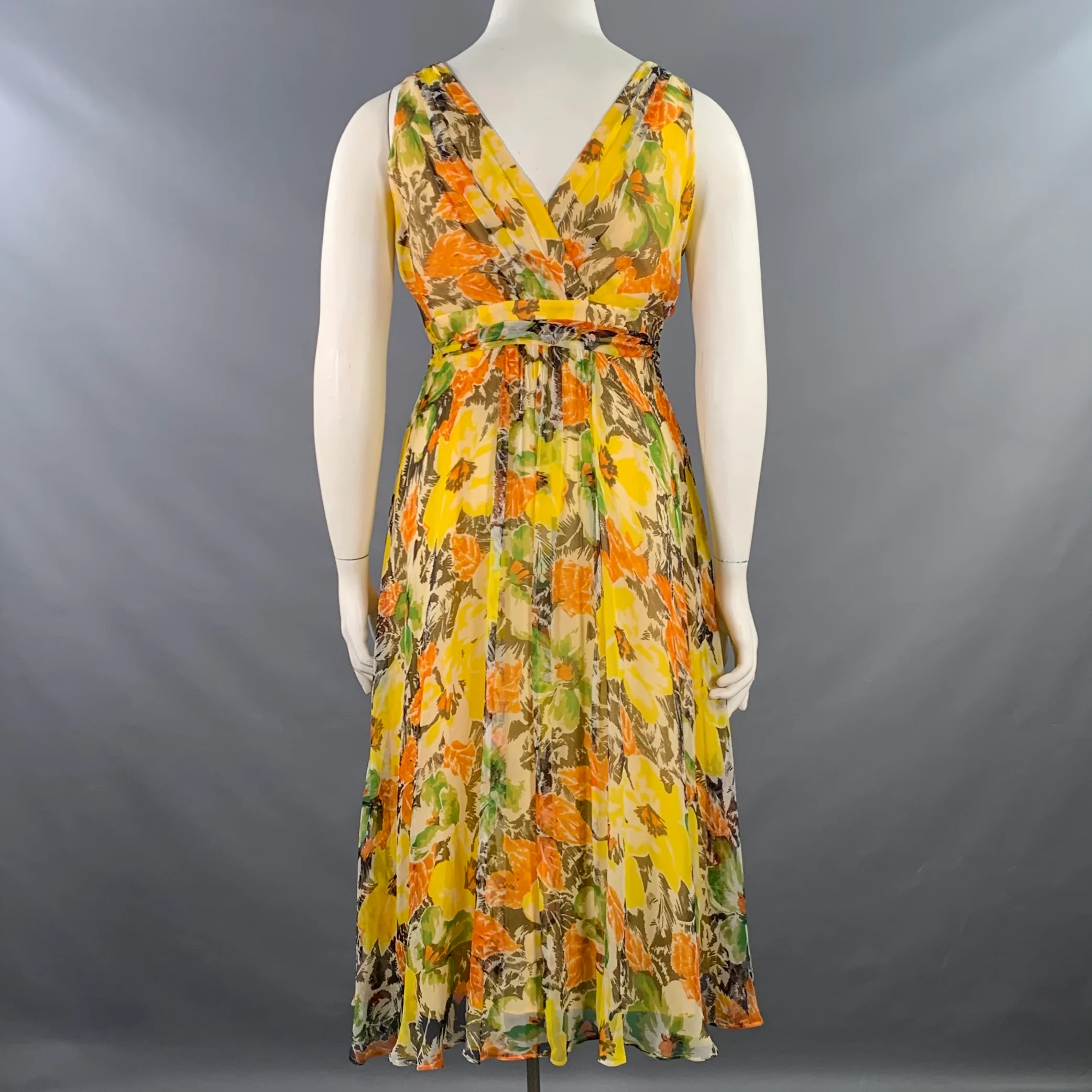 LAFAYETTE 148 Size 10 Yellow Multi Color Silk Chiffon Floral Sleeveless V-Neck Midi Dress - Image 3