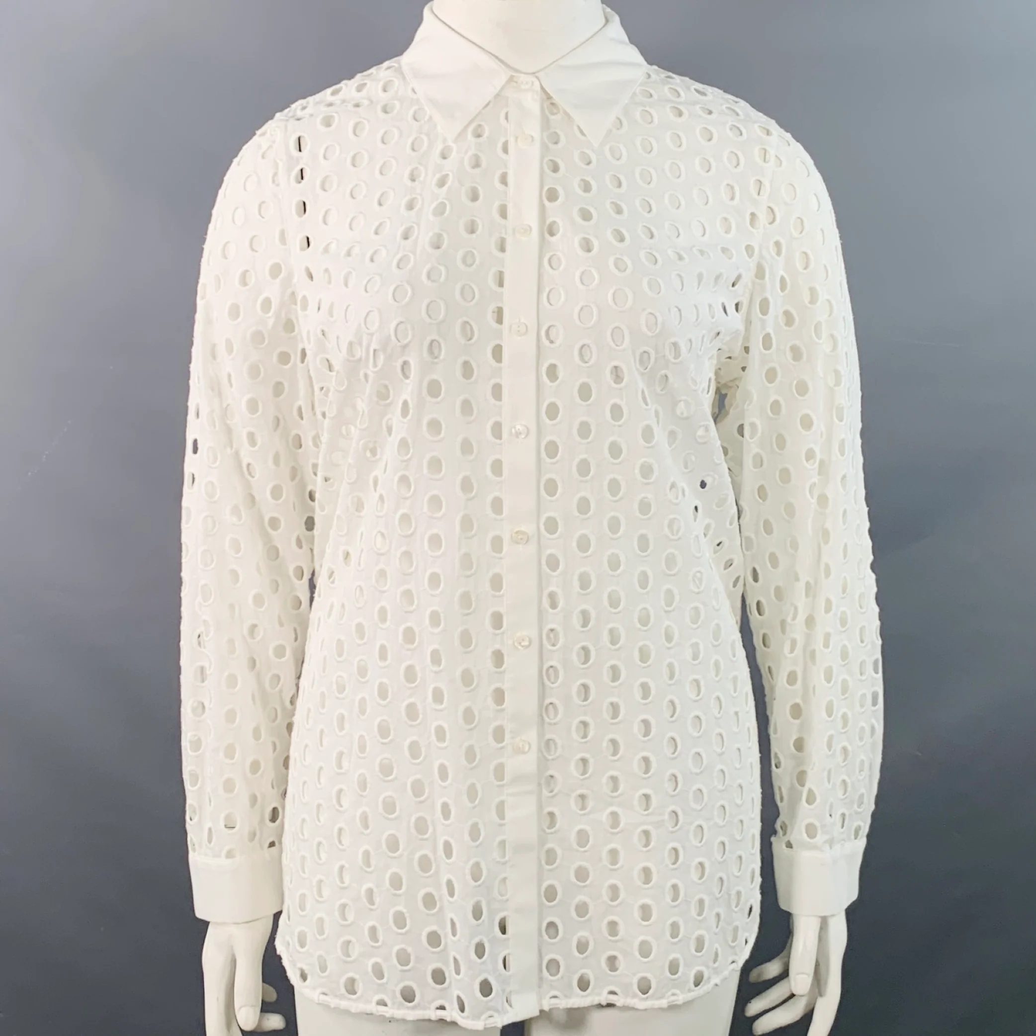 L'AGENCE Size L White Cotton Eyelet Spread Collar Button Up Shirt