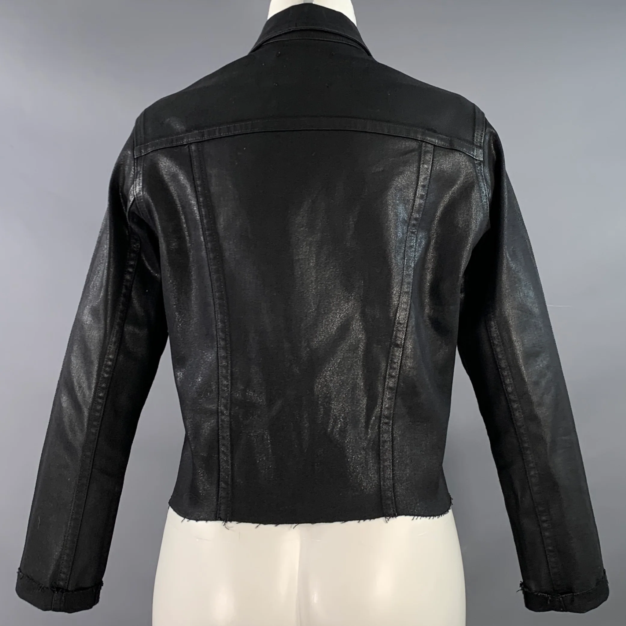 L'AGENCE Size M Black Coated Cotton Blend Raw Edge Denim Jacket - Image 3