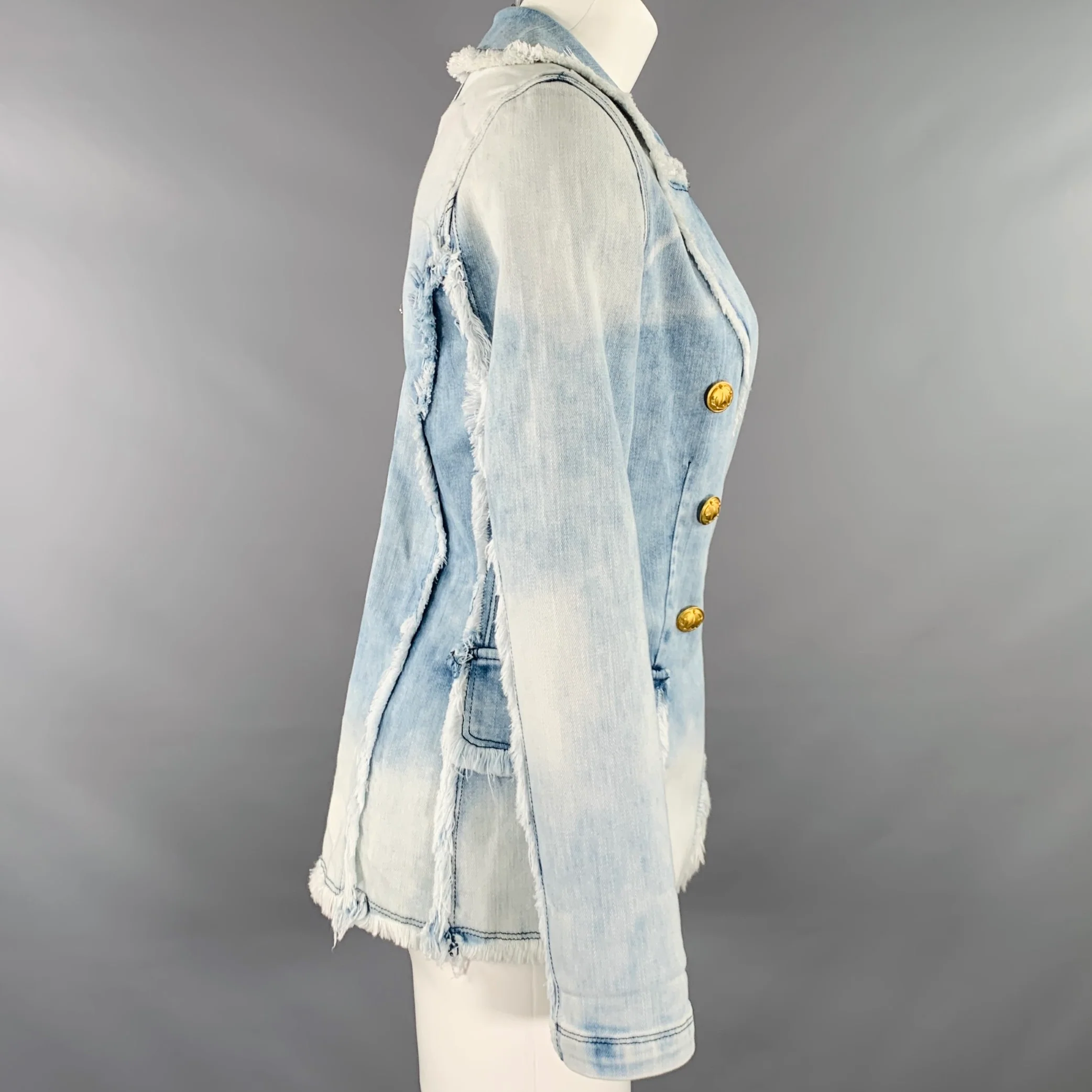 L'AGENCE Size XS Blue Cotton Blend Denim Double Breasted Peak Lapel Jacket - Image 3