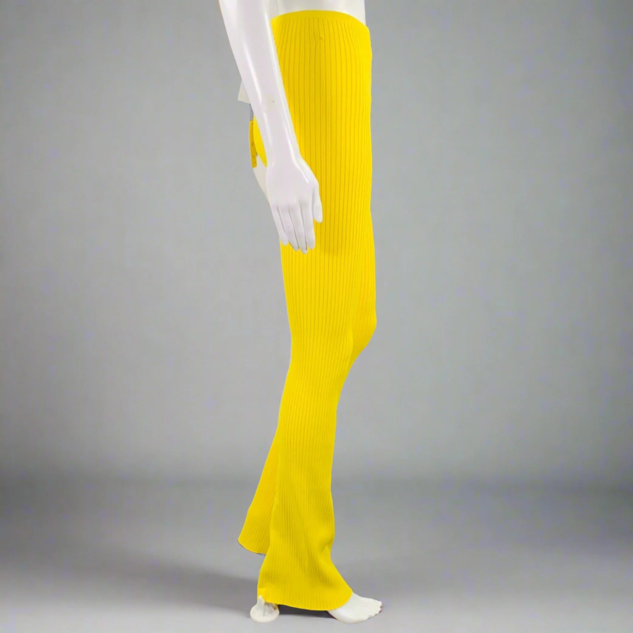LANEUS Size 4 Yellow Viscose Blend Ribbed Bell Bottom Leggings - Image 2
