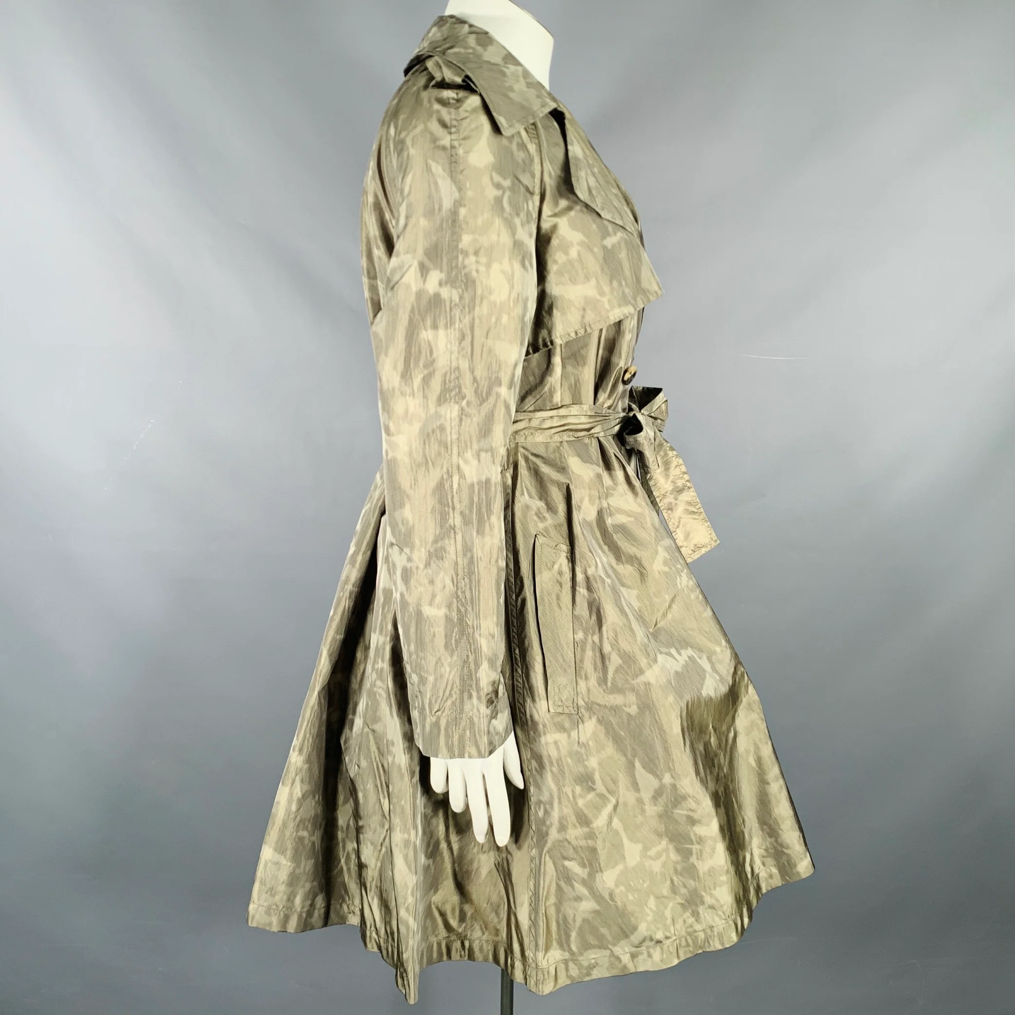 LANVIN 2011 Size 10 Green Olive Polyester Silk Marbled Double Breasted Trench Coat - Image 2