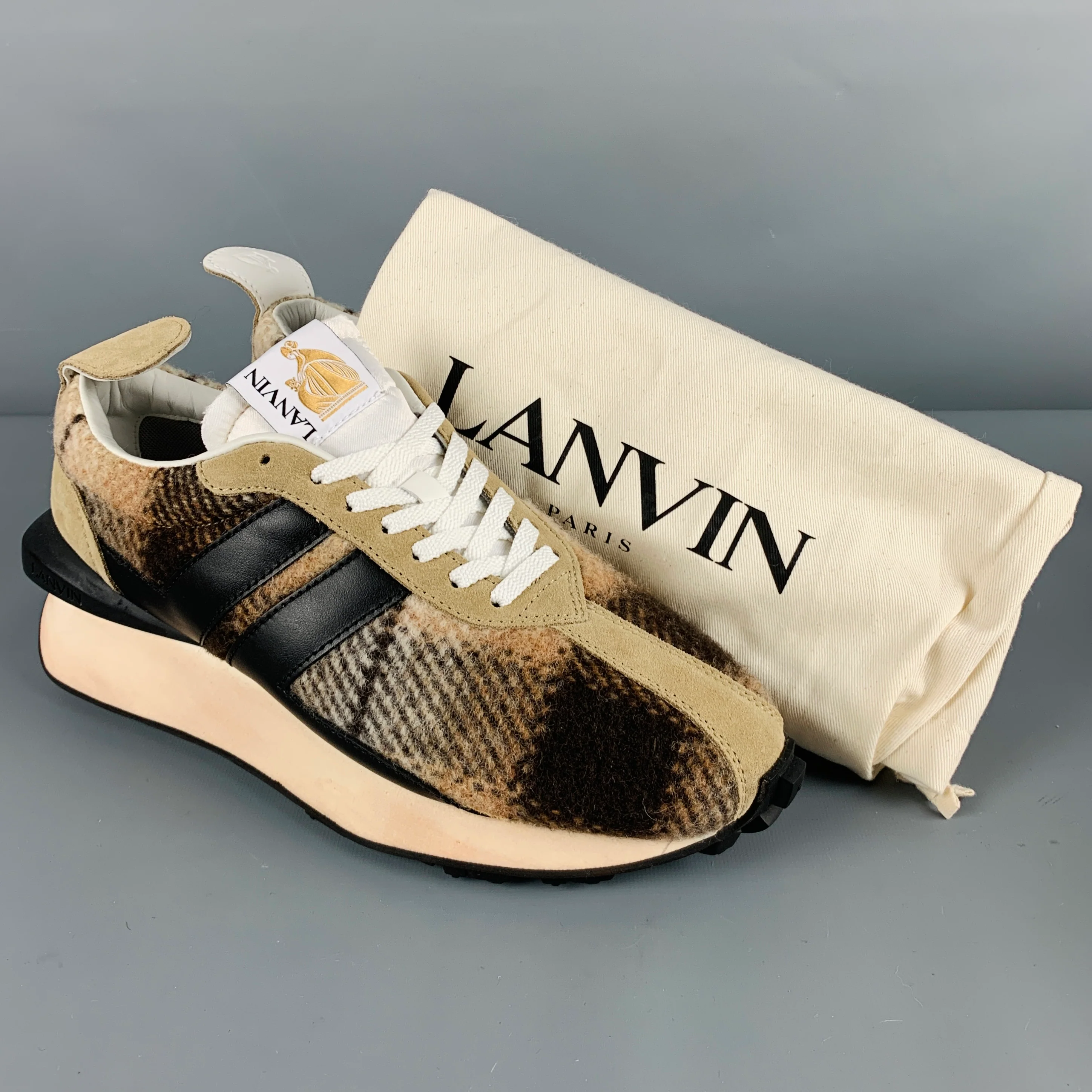 LANVIN Size 11 Beige Brown Plaid Wool Sneakers - Image 9