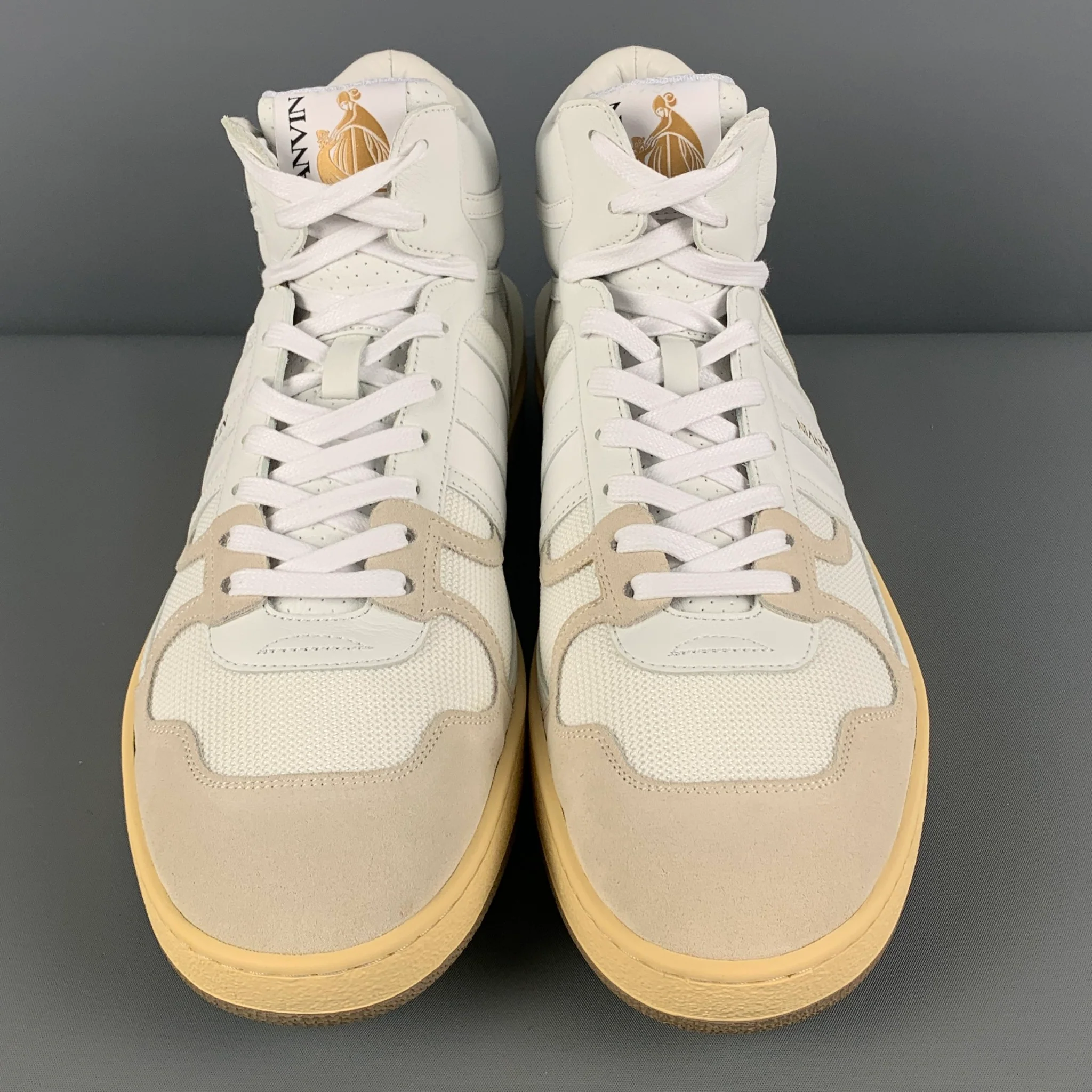 LANVIN Size 11 White Mixed Materials Leather High Top Sneakers - Image 4