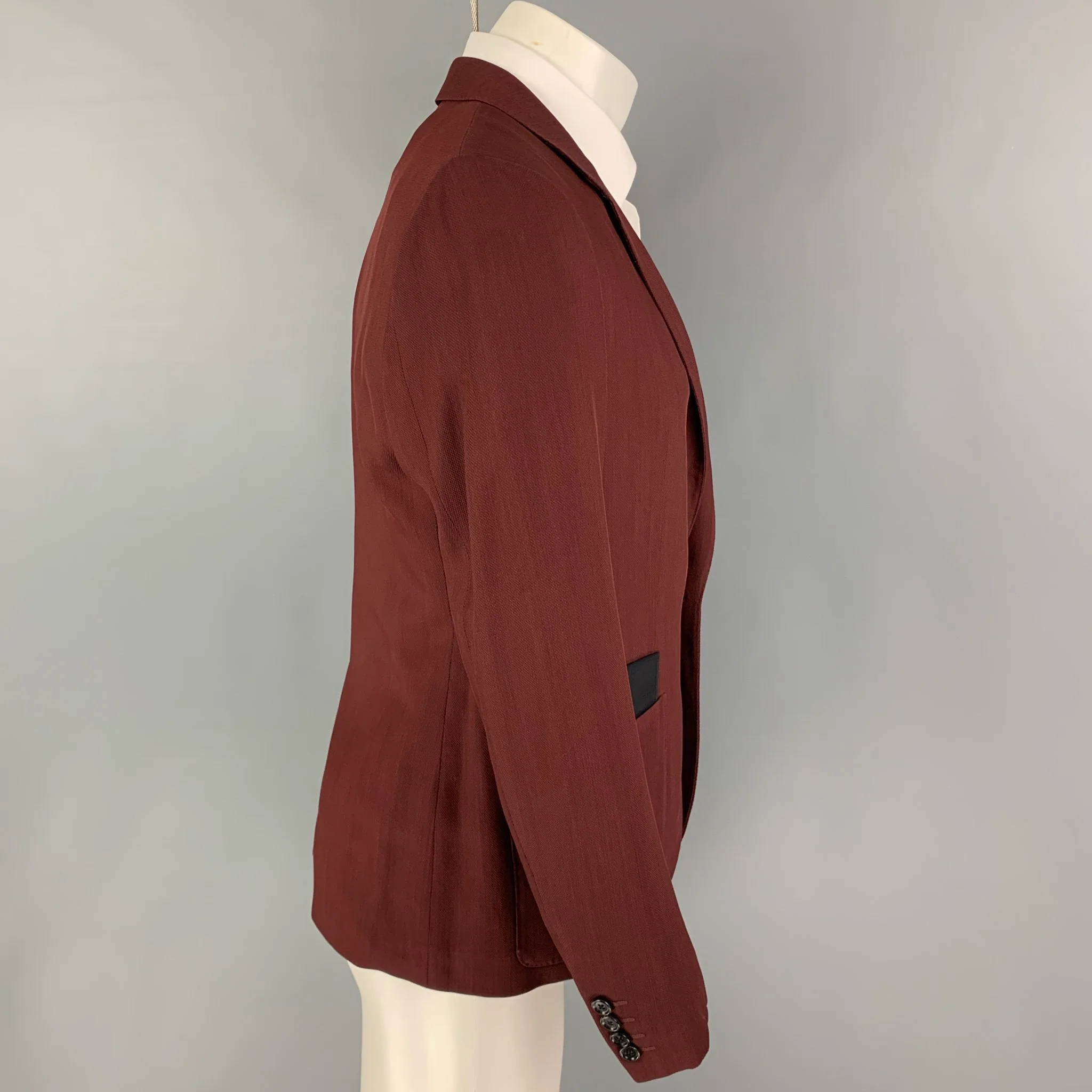 LANVIN Size 38 Burgundy Wool Viscose Blend Notch Lapel Sport Coat - Image 2